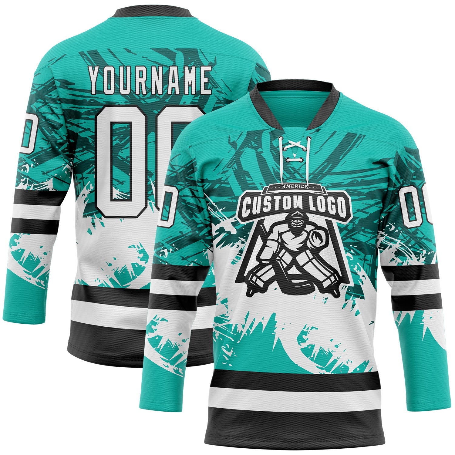 Custom Aqua White-Black Abstract Splatter Paint Hockey Lace Neck Jersey view 2