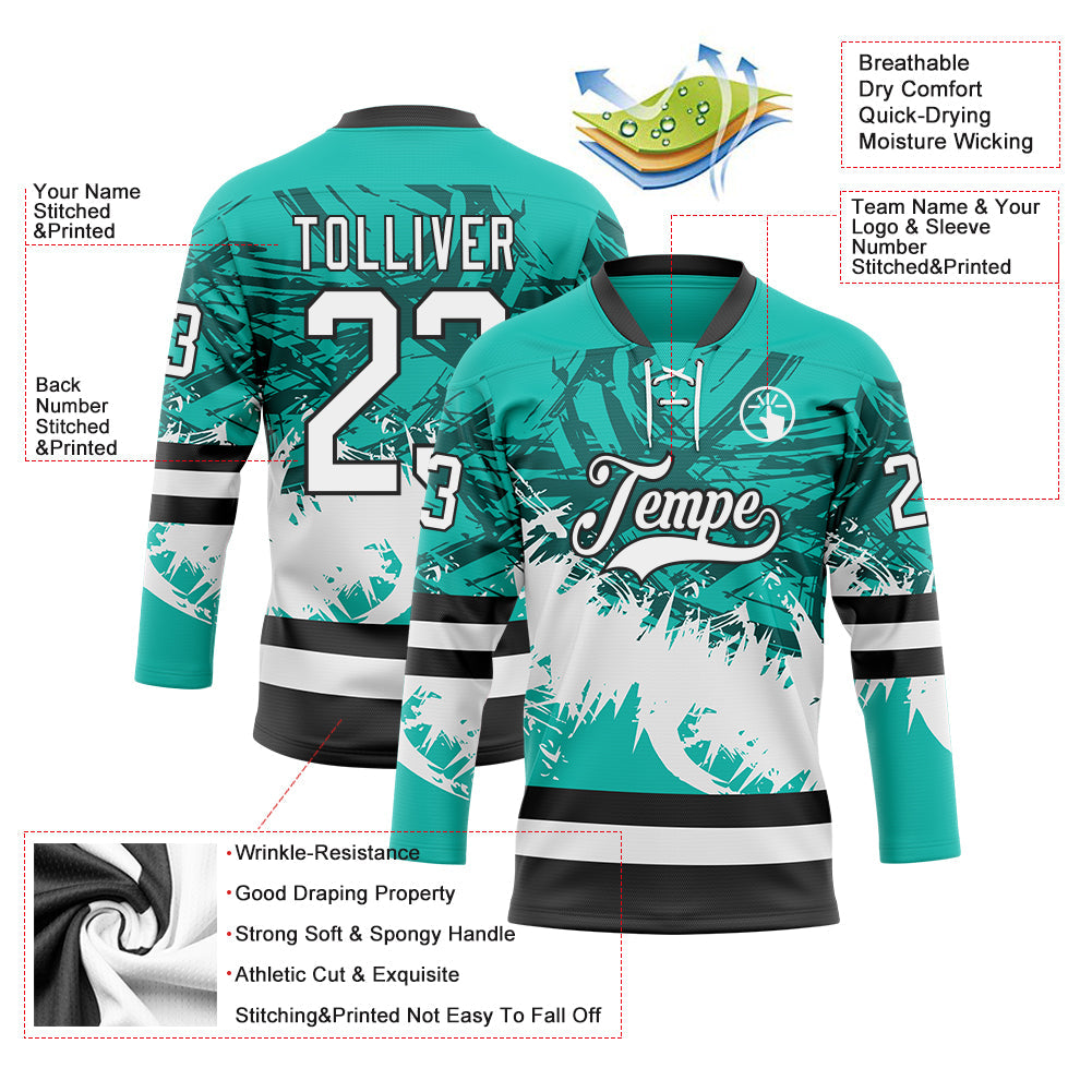 Custom Aqua White-Black Abstract Splatter Paint Hockey Lace Neck Jersey view 5