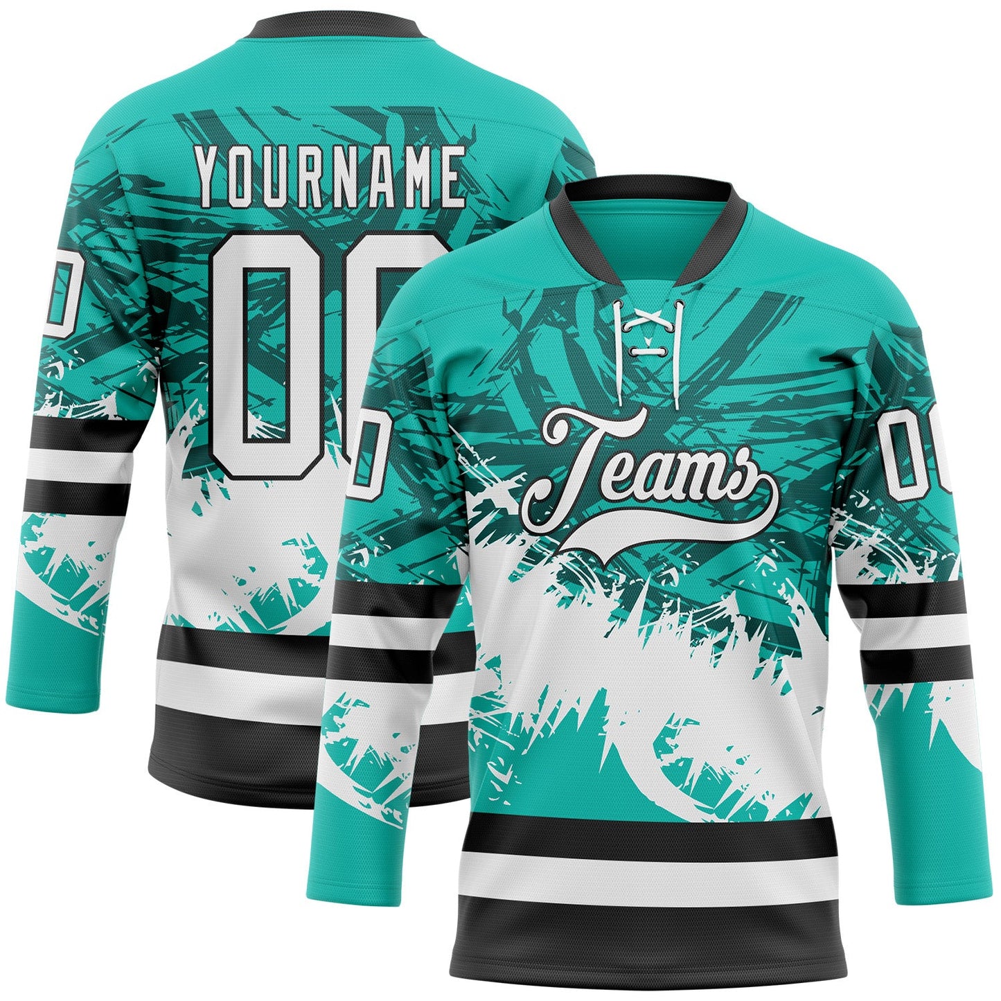 Custom Aqua White-Black Abstract Splatter Paint Hockey Lace Neck Jersey - Main View