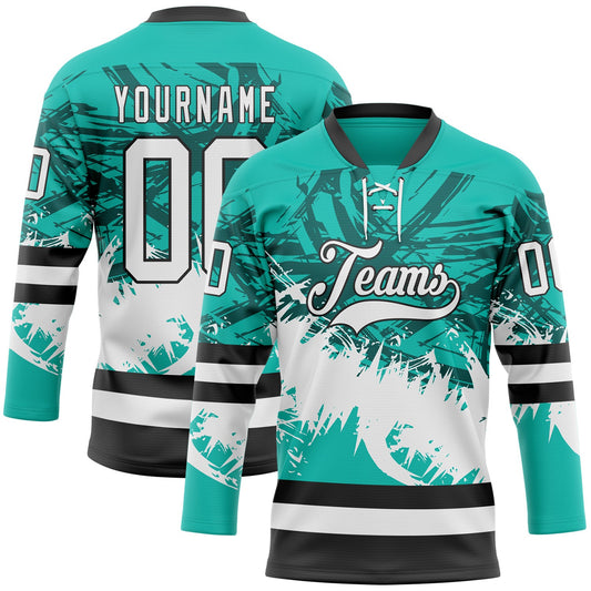 Custom Aqua White-Black Abstract Splatter Paint Hockey Lace Neck Jersey - Main View
