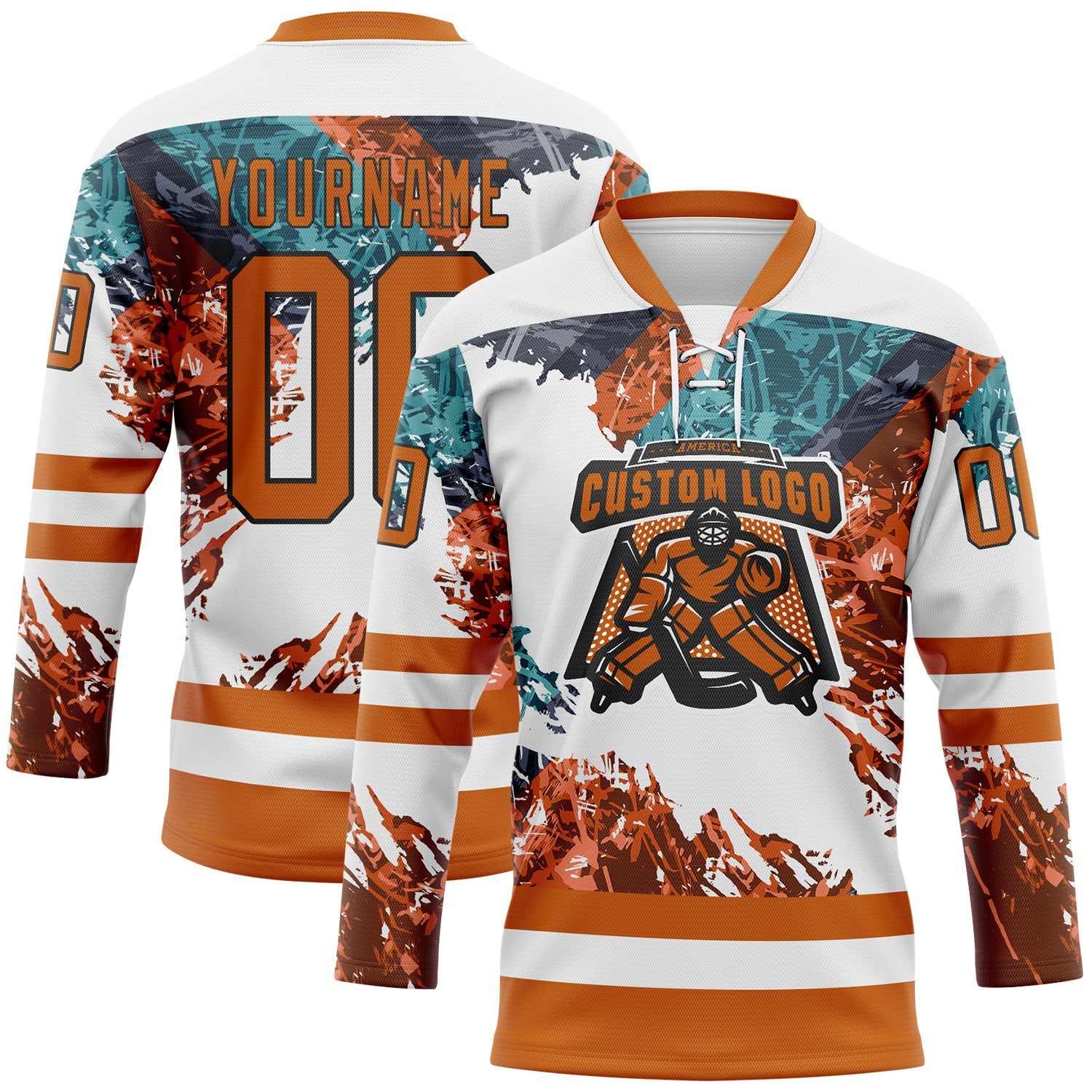 Custom White Texas Orange Green-Black Abstract Splatter Paint Hockey Lace Neck Jersey view 2
