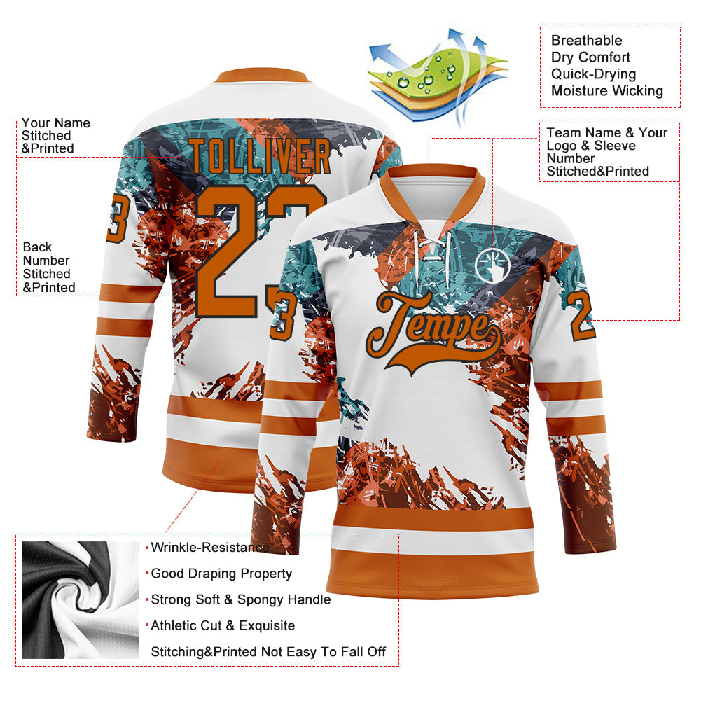 Custom White Texas Orange Green-Black Abstract Splatter Paint Hockey Lace Neck Jersey view 5