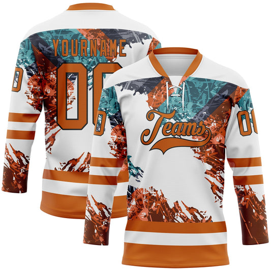 Custom White Texas Orange Green-Black Abstract Splatter Paint Hockey Lace Neck Jersey - Main View