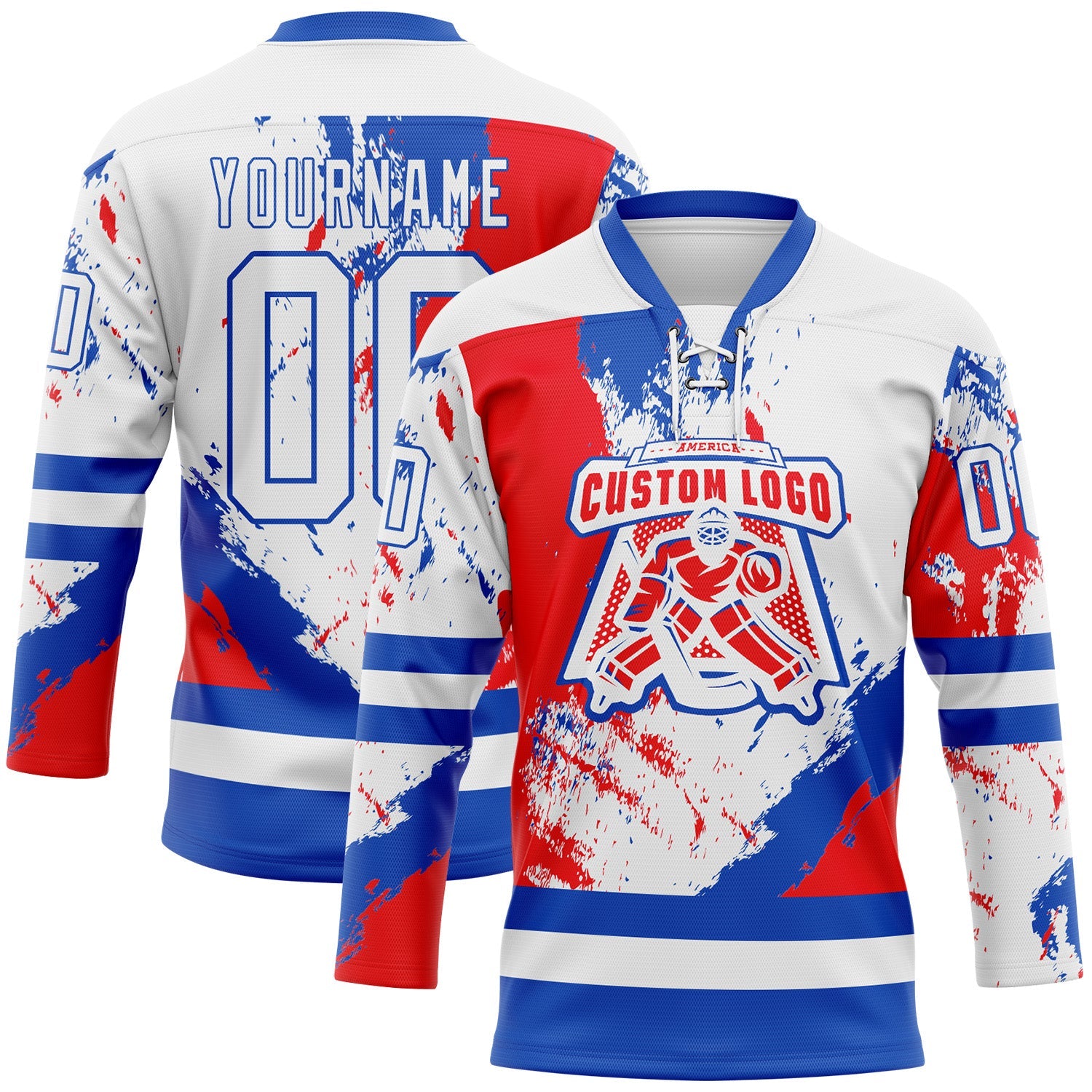 Custom White Thunder Blue-Red Abstract Splatter Paint Hockey Lace Neck Jersey view 2