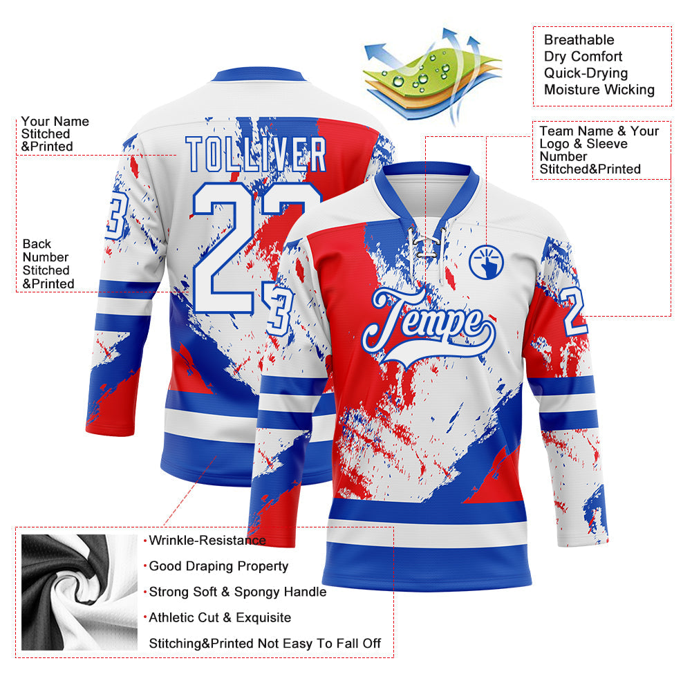 Custom White Thunder Blue-Red Abstract Splatter Paint Hockey Lace Neck Jersey view 5