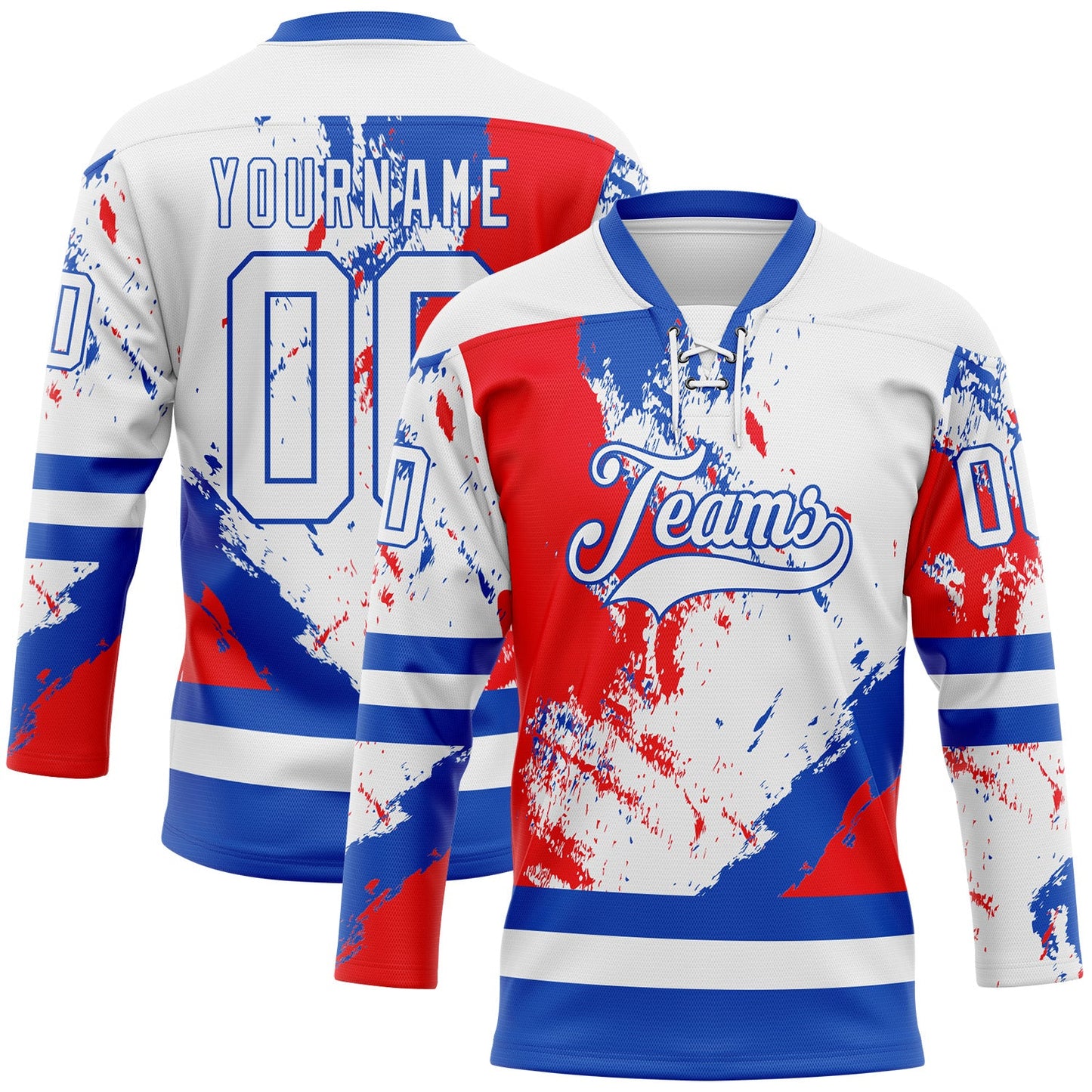 Custom White Thunder Blue-Red Abstract Splatter Paint Hockey Lace Neck Jersey - Main View