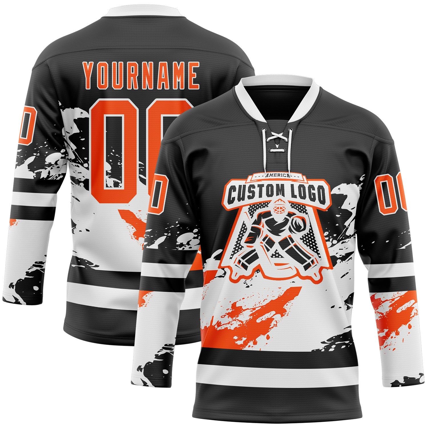 Custom Black Orange-White Abstract Splatter Paint Hockey Lace Neck Jersey view 2