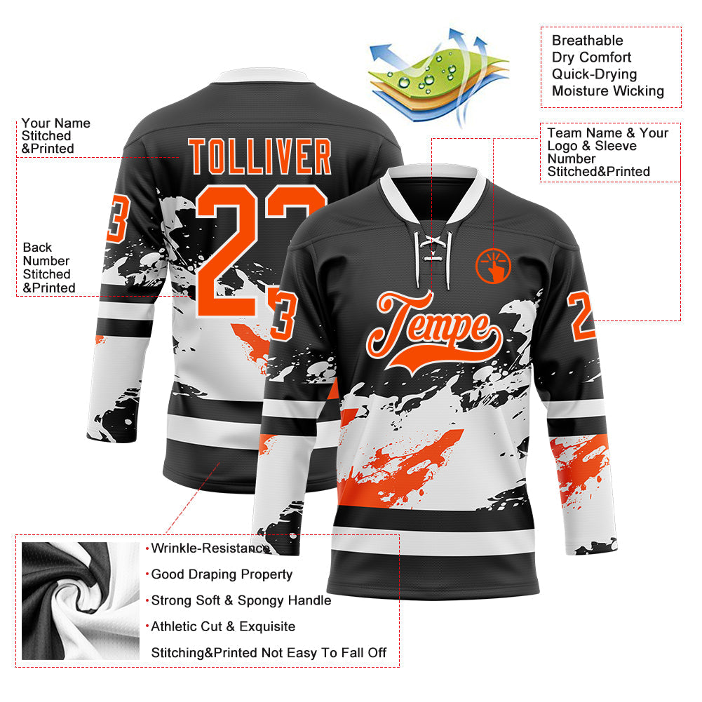 Custom Black Orange-White Abstract Splatter Paint Hockey Lace Neck Jersey view 5