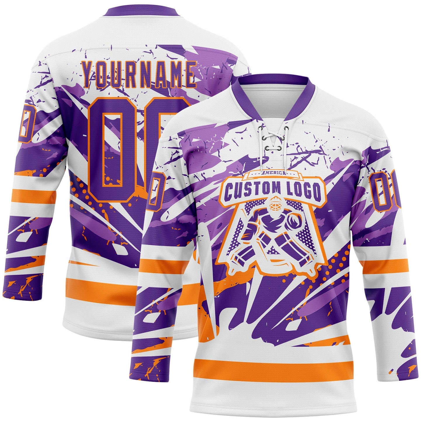 Custom White Purple-Bay Orange Abstract Splatter Paint Hockey Lace Neck Jersey view 2