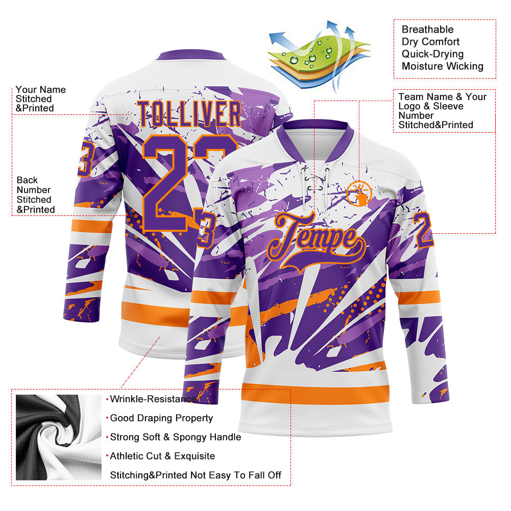 Custom White Purple-Bay Orange Abstract Splatter Paint Hockey Lace Neck Jersey view 5