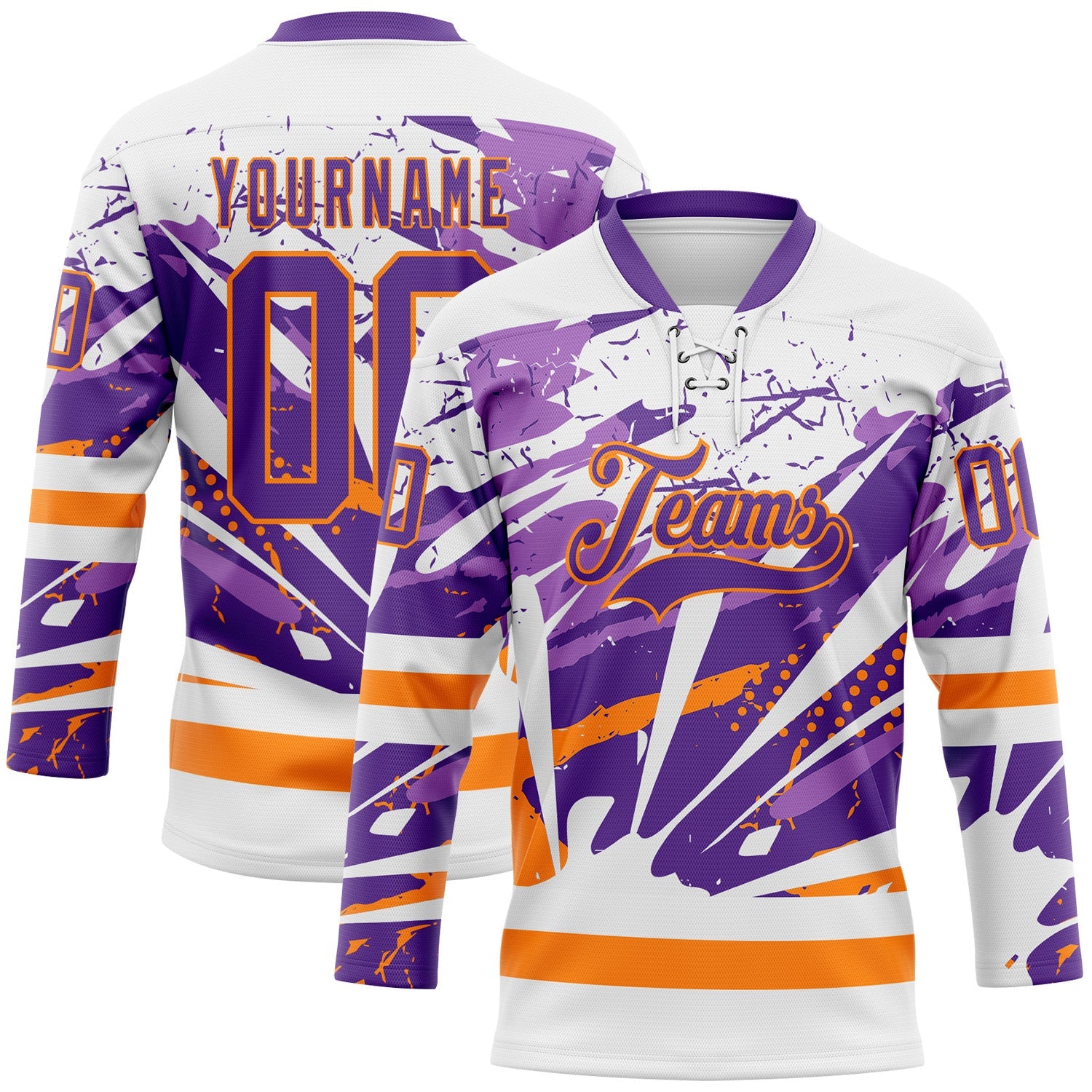 Custom White Purple-Bay Orange Abstract Splatter Paint Hockey Lace Neck Jersey - Main View