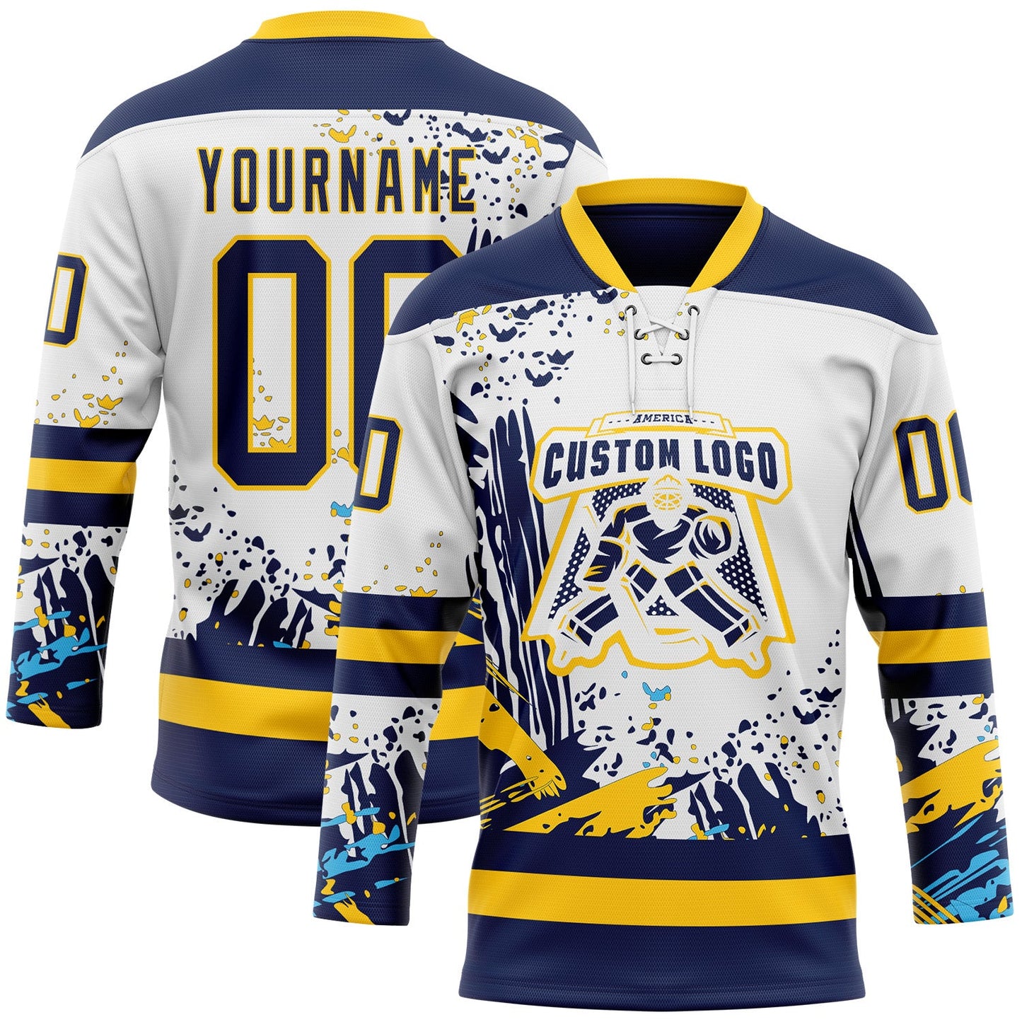 Custom White Navy-Yellow Abstract Splatter Paint Hockey Lace Neck Jersey view 2
