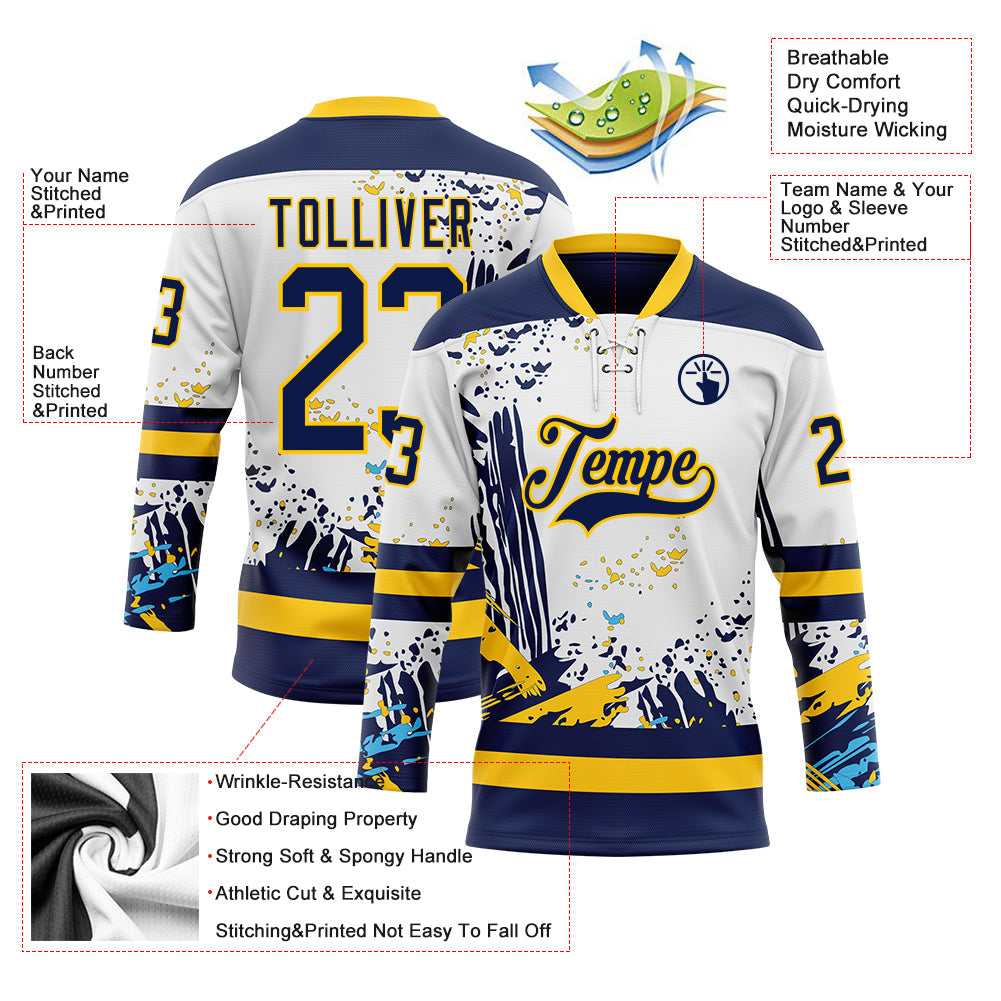 Custom White Navy-Yellow Abstract Splatter Paint Hockey Lace Neck Jersey view 5