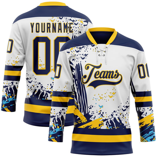 Custom White Navy-Yellow Abstract Splatter Paint Hockey Lace Neck Jersey - Main View
