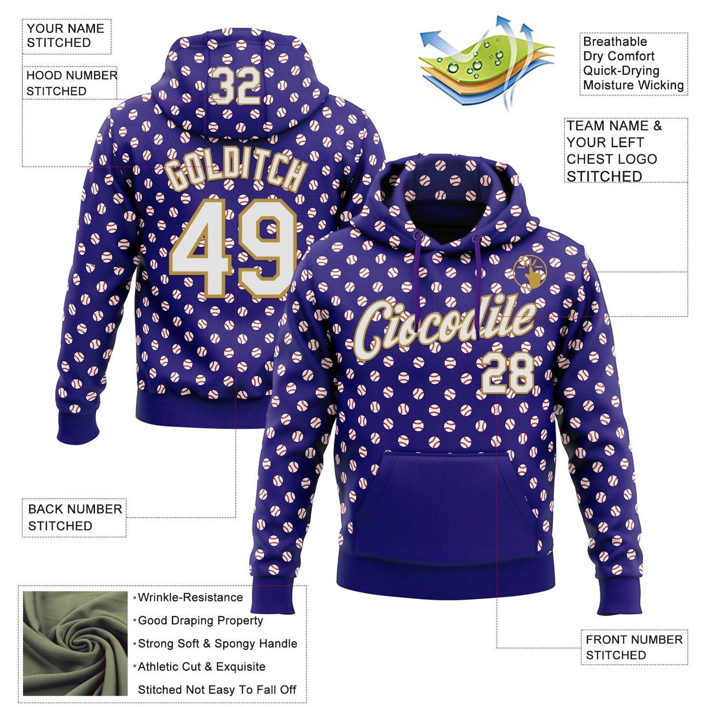 Custom Stitched Dark Purple White-Old Gold Baseball Game Day Baltimore Inspired Sports Pullover Sweatshirt Hoodie view 4