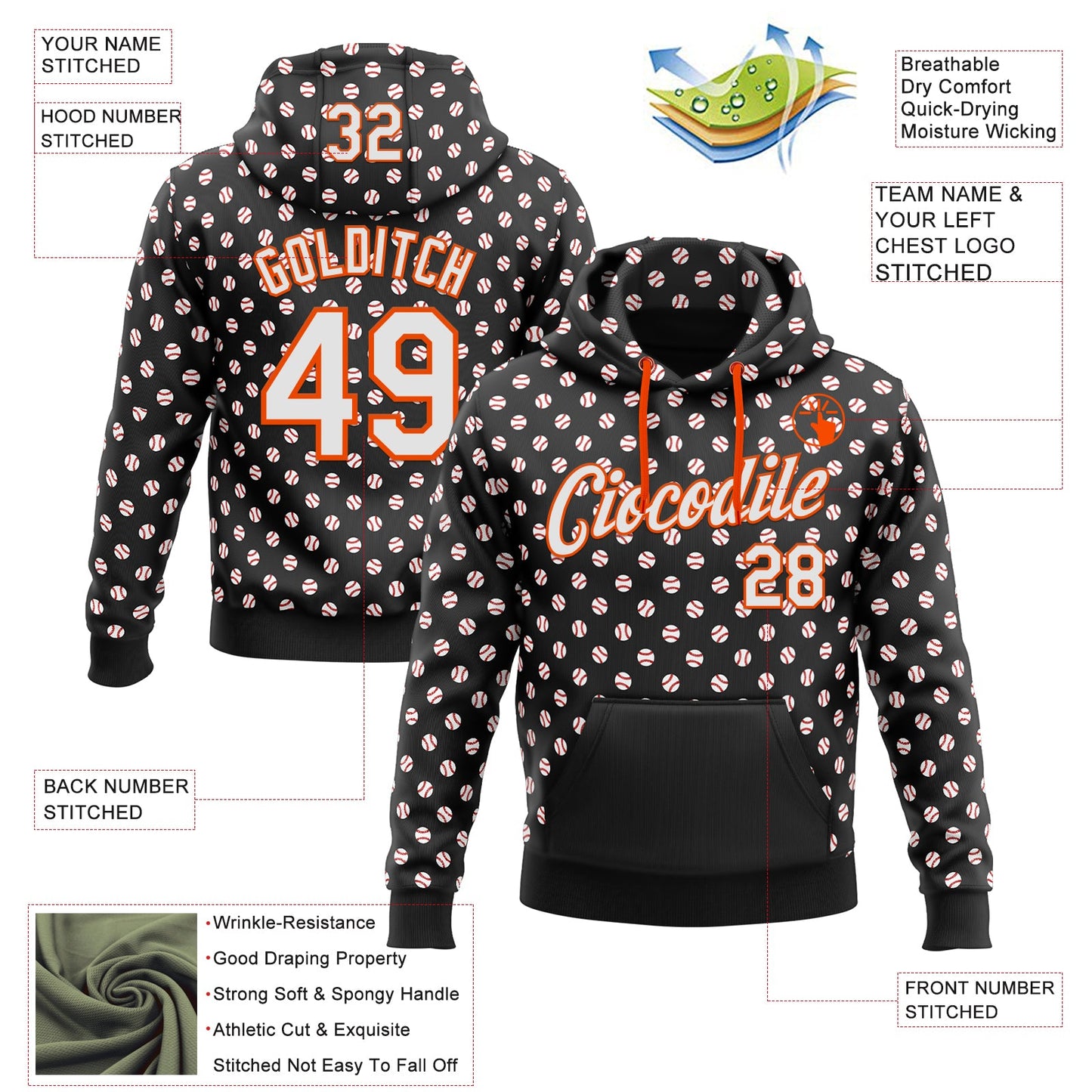 Custom Stitched Black White-Orange Baseball Game Day Cincinnati Inspired Sports Pullover Sweatshirt Hoodie view 4