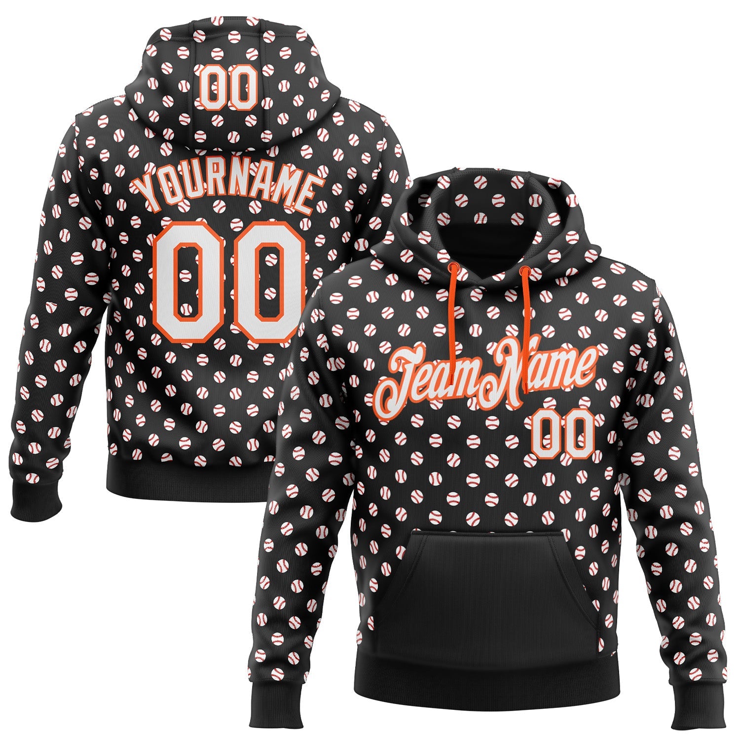 Custom Stitched Black White-Orange Baseball Game Day Cincinnati Inspired Sports Pullover Sweatshirt Hoodie - Main View