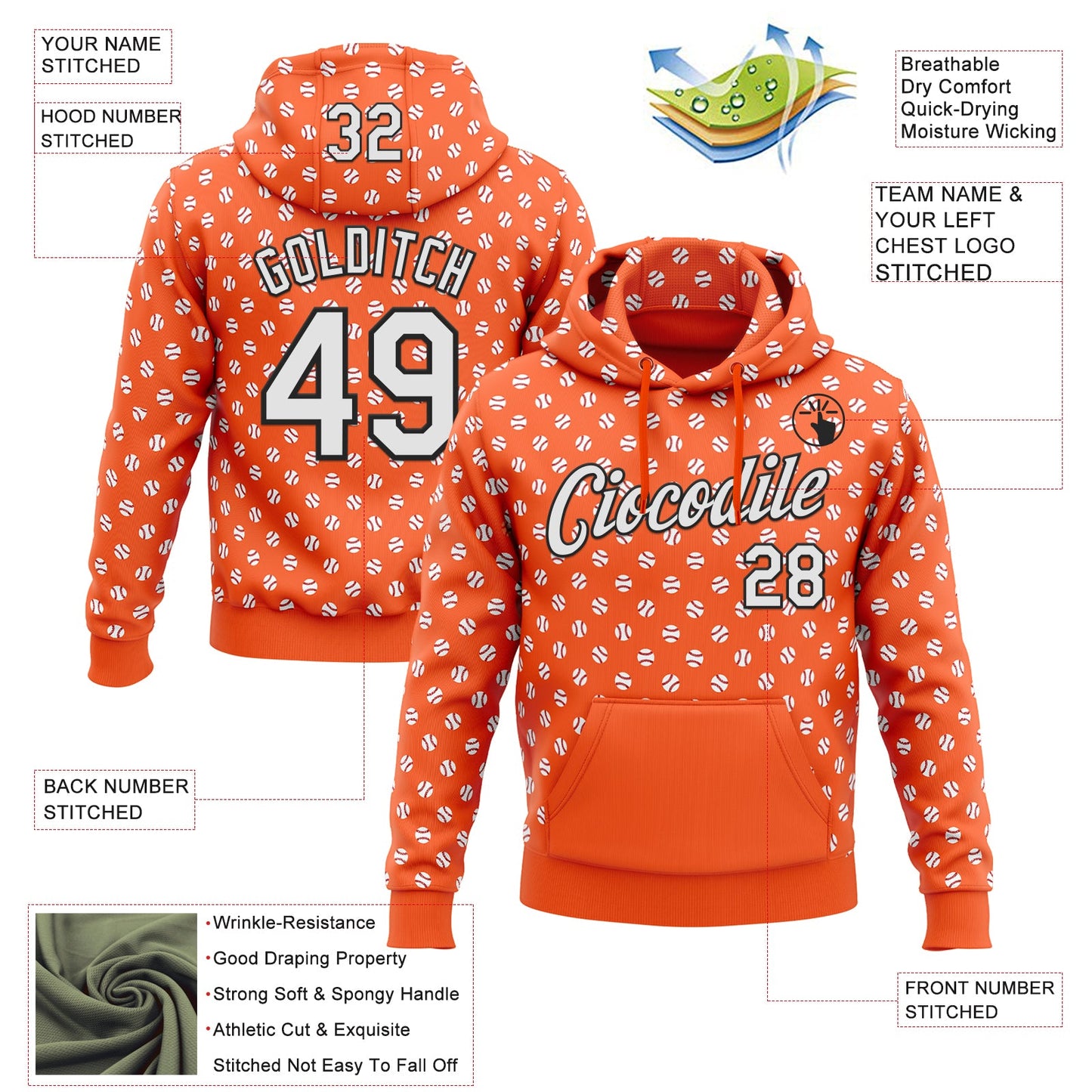 Custom Stitched Orange White-Black Baseball Game Day Cincinnati Inspired Sports Pullover Sweatshirt Hoodie view 4
