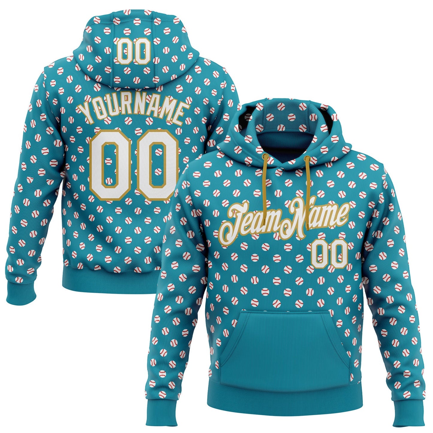 Custom Stitched Teal White-Old Gold Baseball Game Day Jacksonville Inspired Sports Pullover Sweatshirt Hoodie - Main View