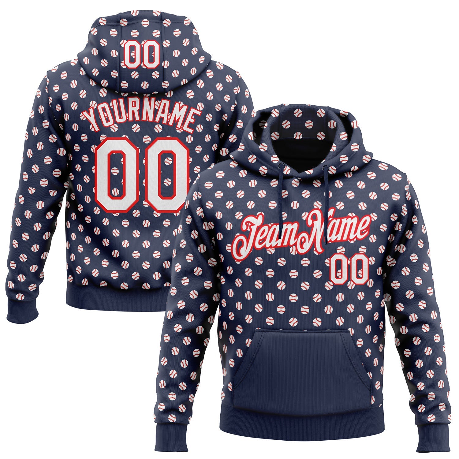 Custom Stitched Navy White-Fire Red Baseball Game Day New England Inspired Sports Pullover Sweatshirt Hoodie - Main View
