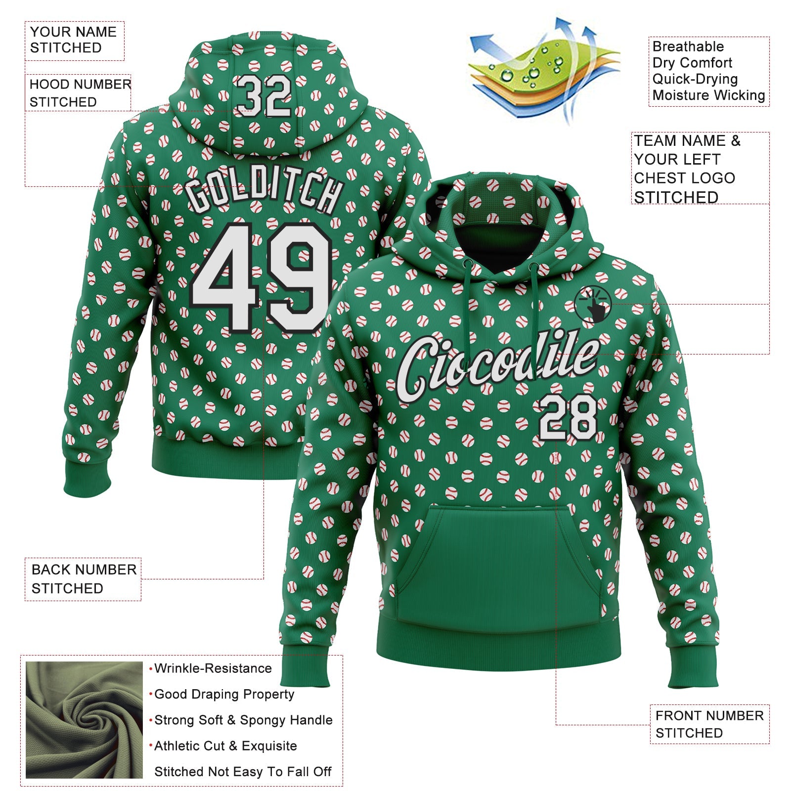Custom Stitched Kelly Green White-Black Baseball Game Day New York Inspired Sports Pullover Sweatshirt Hoodie view 4