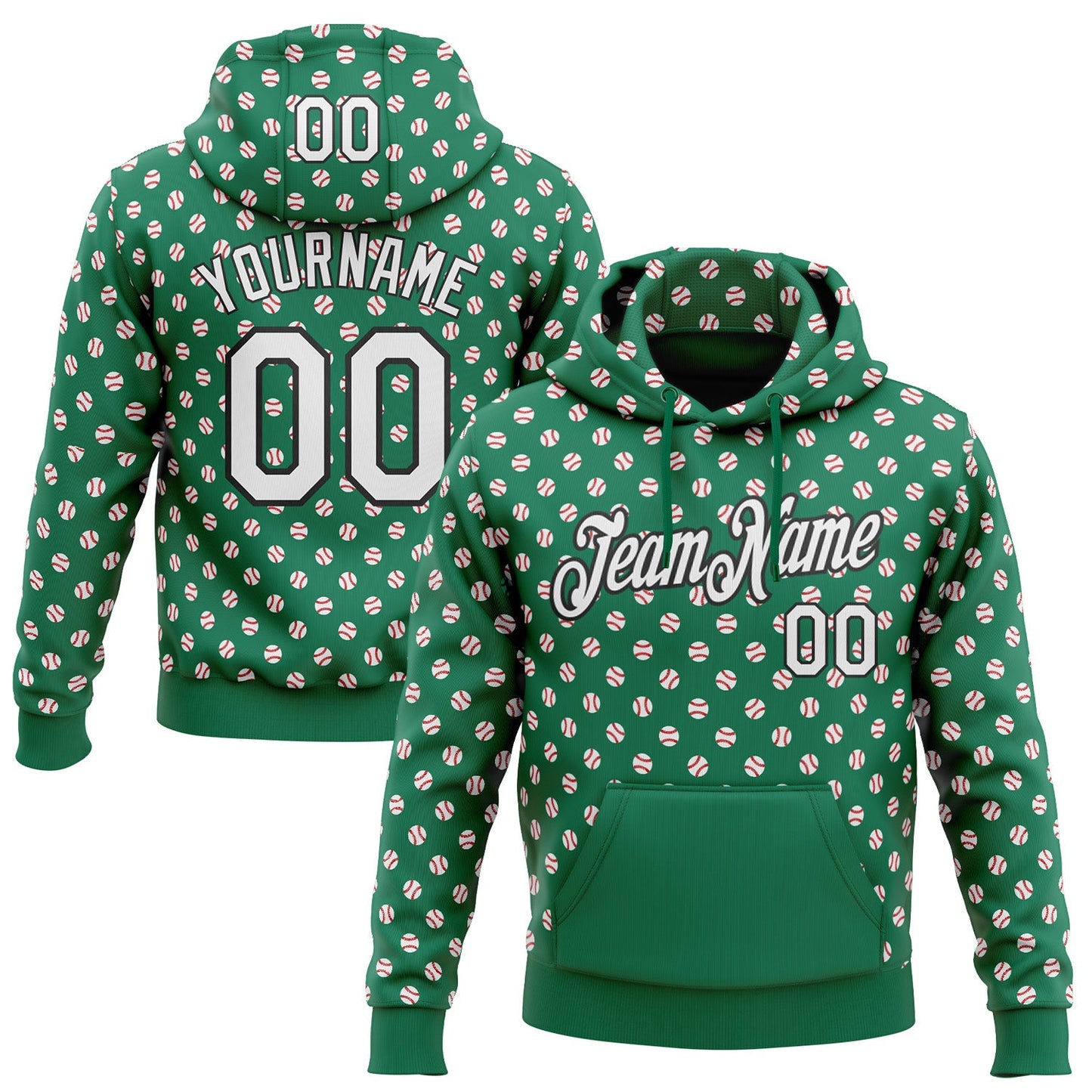 Custom Stitched Kelly Green White-Black Baseball Game Day New York Inspired Sports Pullover Sweatshirt Hoodie - Main View