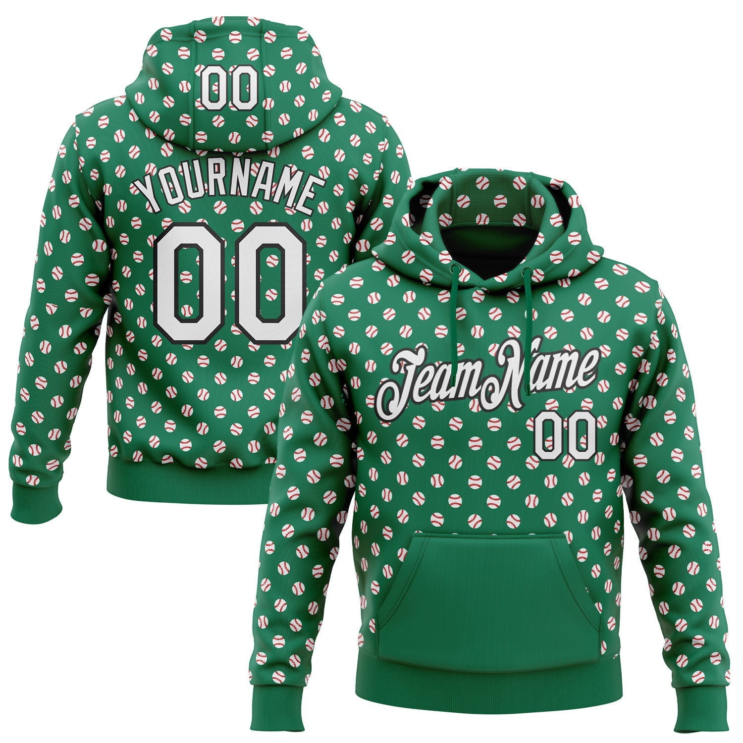 Custom Stitched Kelly Green White-Black Baseball Game Day New York Inspired Sports Pullover Sweatshirt Hoodie - Main View