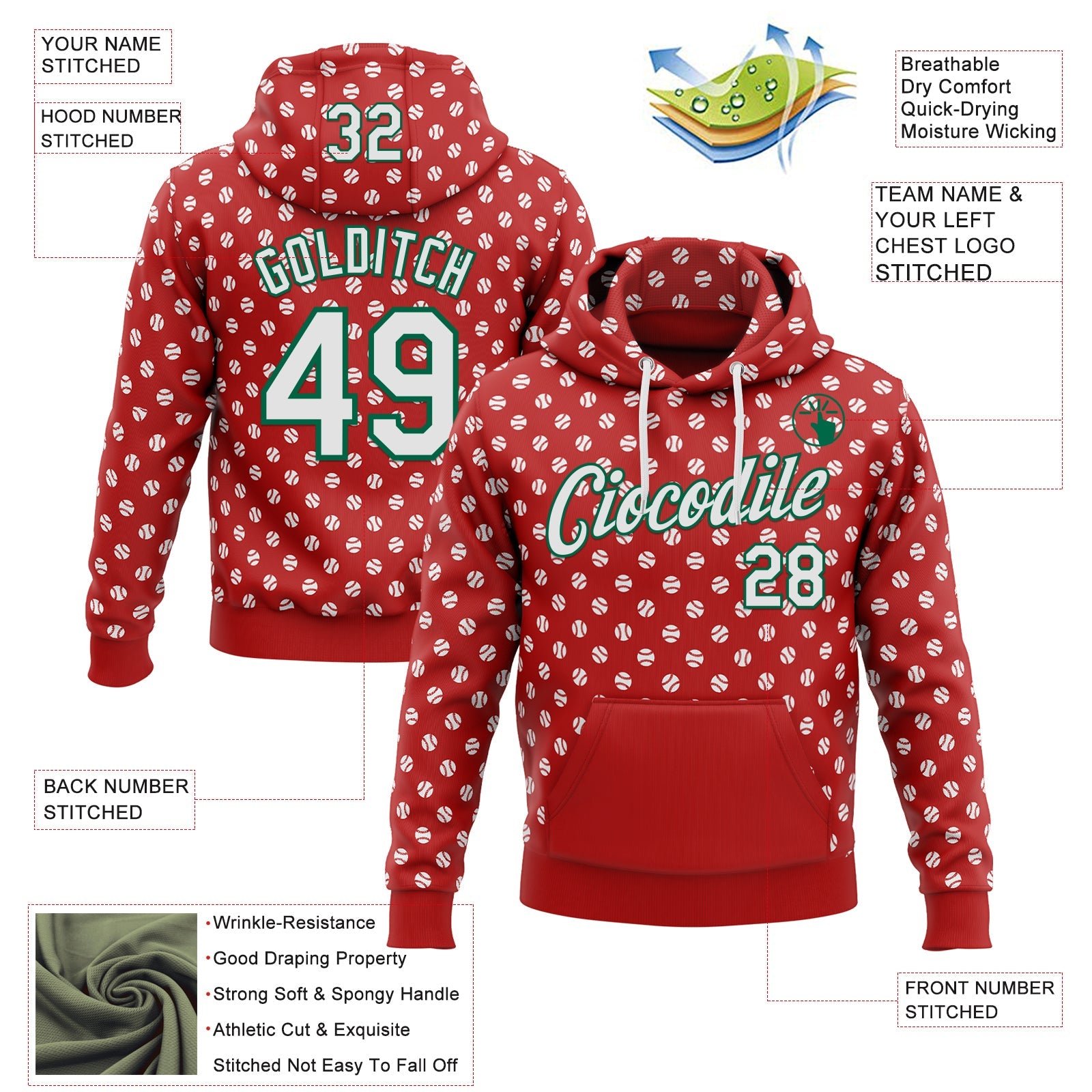 Custom Stitched Red White-Kelly Green Baseball Game Day Houston Inspired Sports Pullover Sweatshirt Hoodie view 4