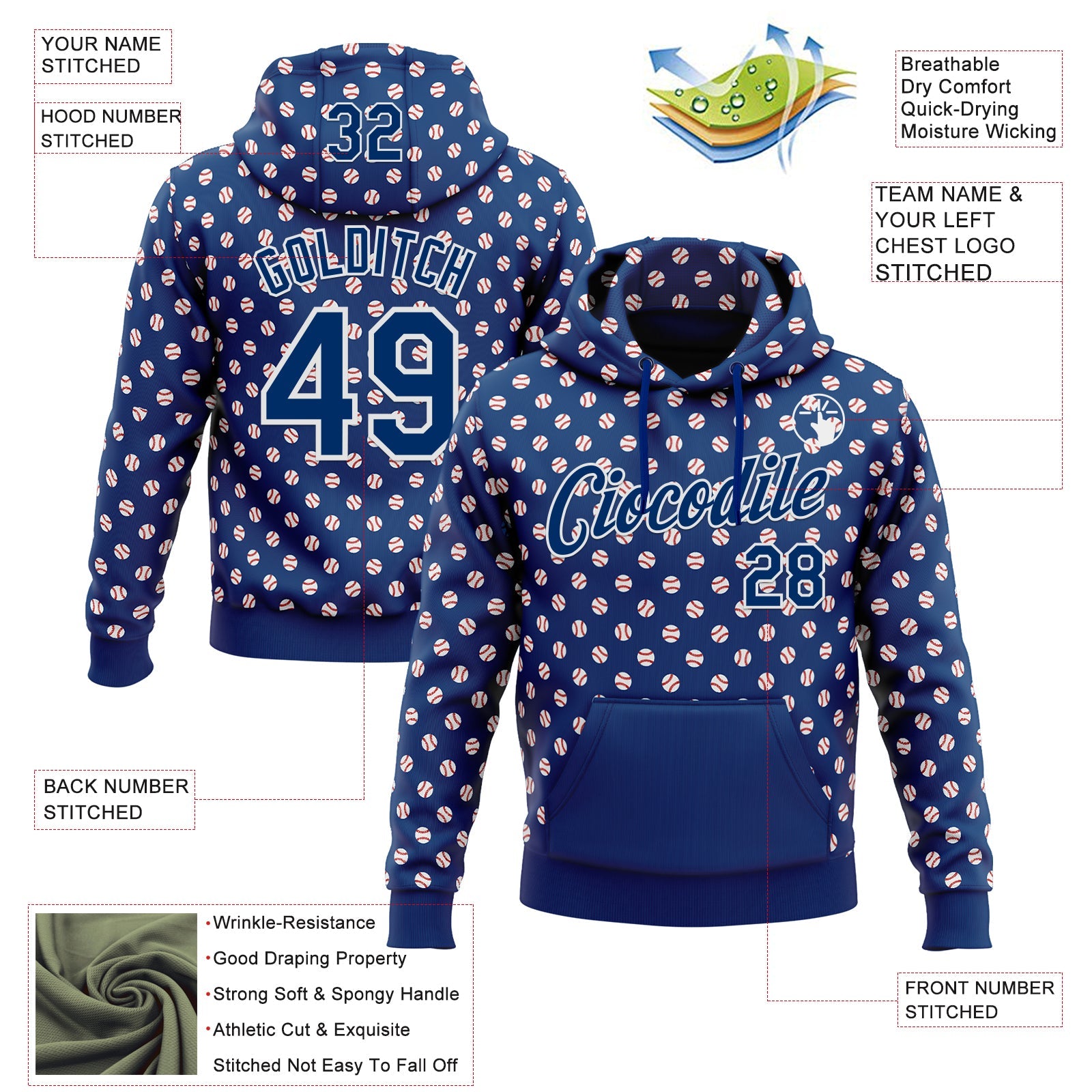 Custom Stitched US Navy Blue White Baseball Game Day Indianapolis Inspired Sports Pullover Sweatshirt Hoodie view 4