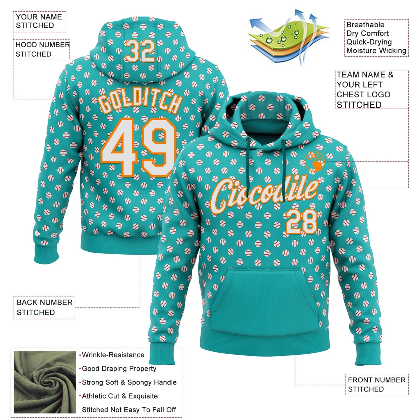 Custom Stitched Aqua White-Bay Orange Baseball Game Day Miami Inspired Sports Pullover Sweatshirt Hoodie view 4