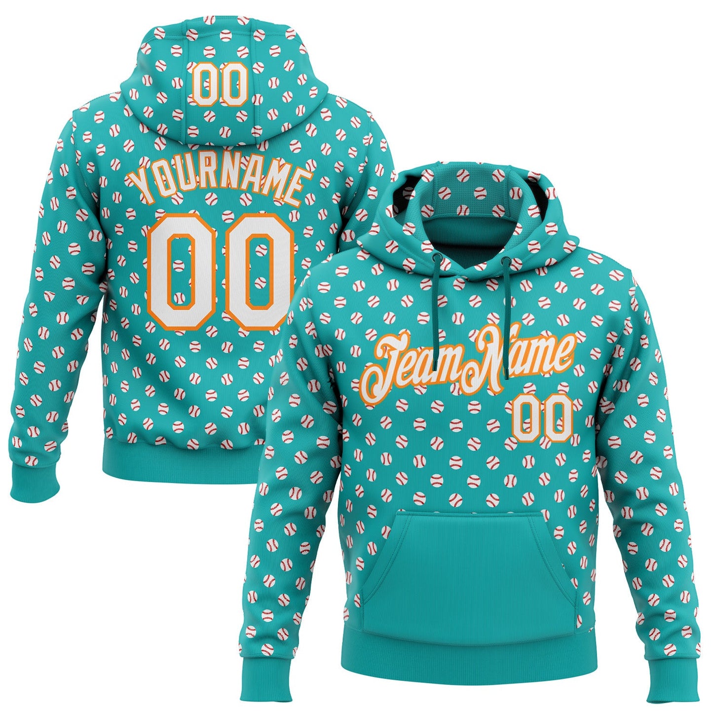 Custom Stitched Aqua White-Bay Orange Baseball Game Day Miami Inspired Sports Pullover Sweatshirt Hoodie - Main View