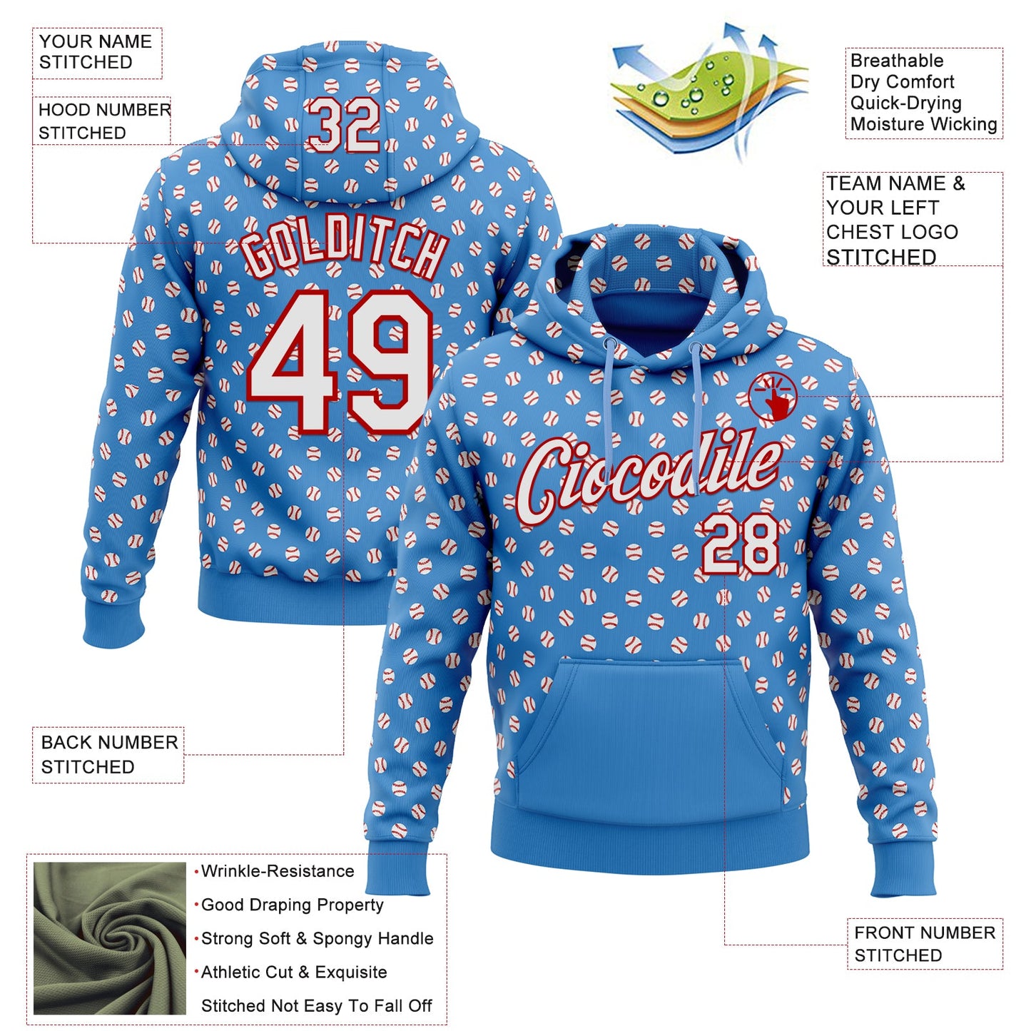 Custom Stitched Powder Blue White-Red Baseball Game Day Tennessee Inspired Sports Pullover Sweatshirt Hoodie view 4