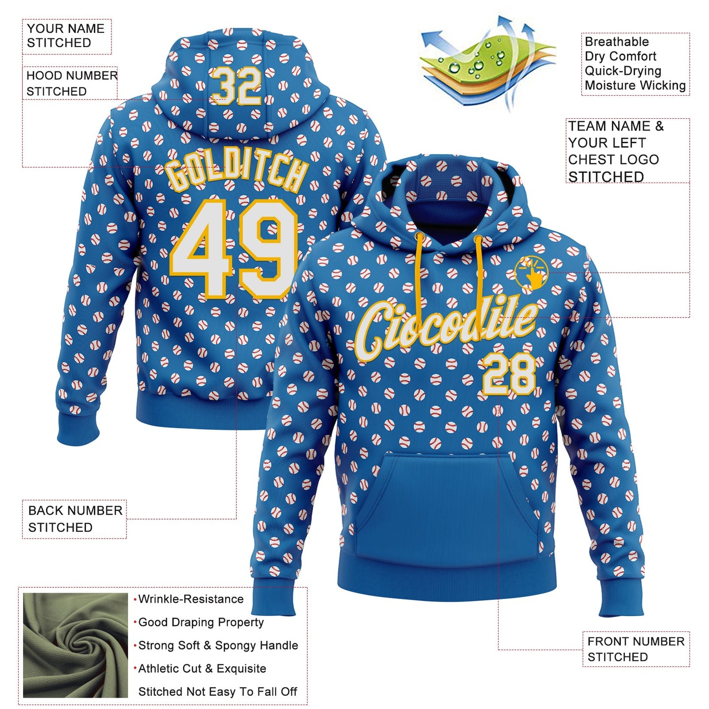 Custom Stitched Blue White-Gold Baseball Game Day Los Angeles Inspired Sports Pullover Sweatshirt Hoodie view 4