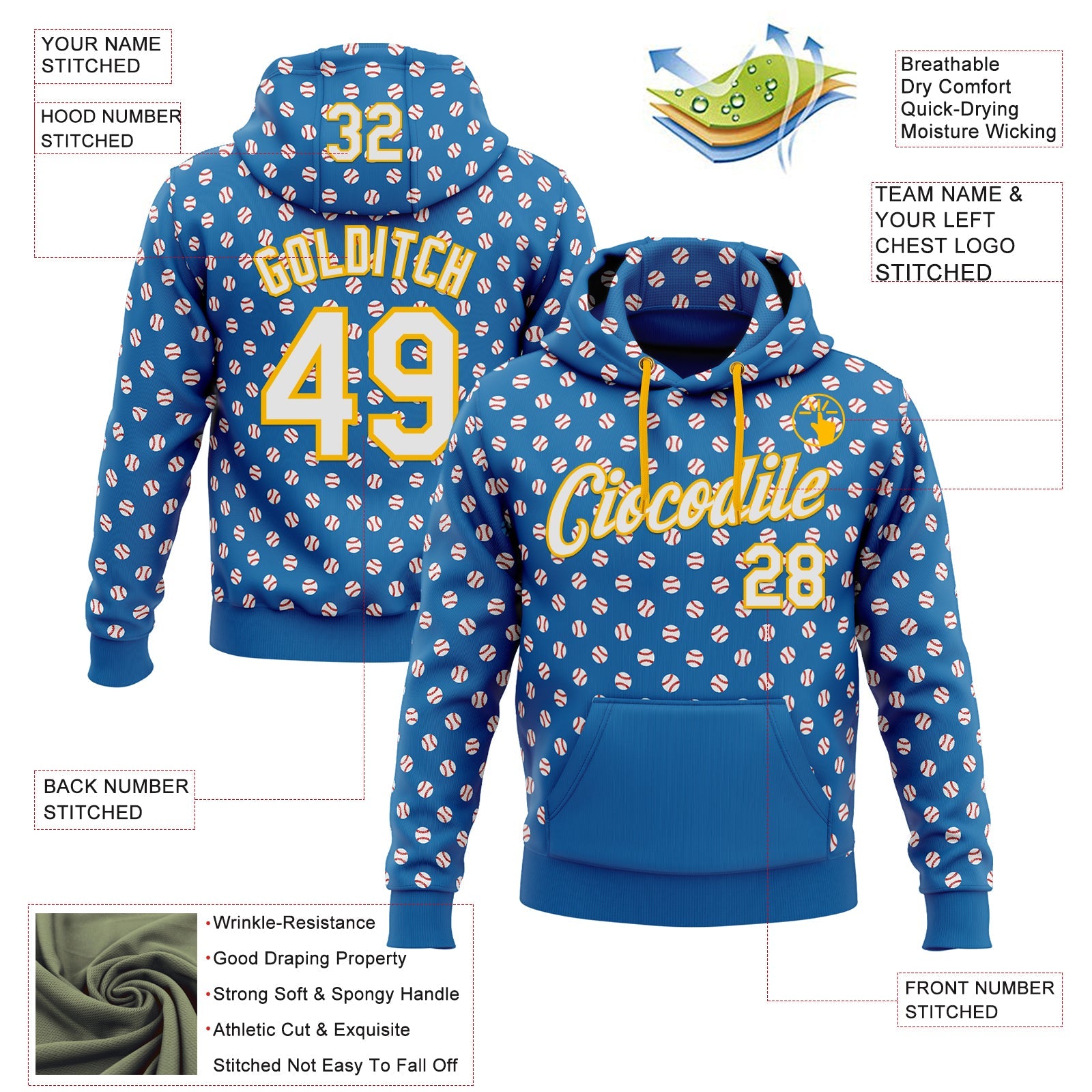 Custom Stitched Blue White-Gold Baseball Game Day Los Angeles Inspired Sports Pullover Sweatshirt Hoodie view 4