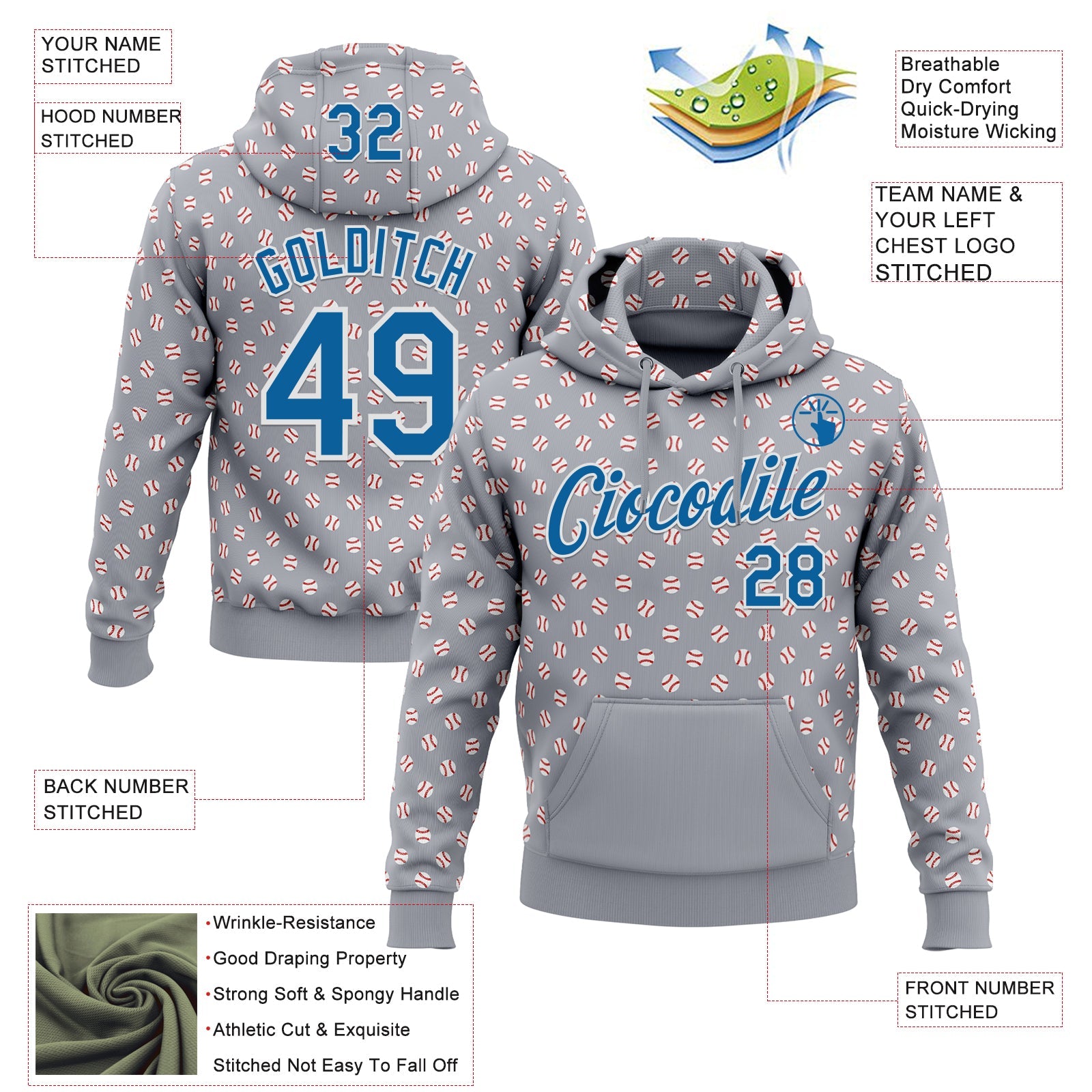 Custom Stitched Gray Blue-White Baseball Game Day Detroit Inspired Sports Pullover Sweatshirt Hoodie view 4
