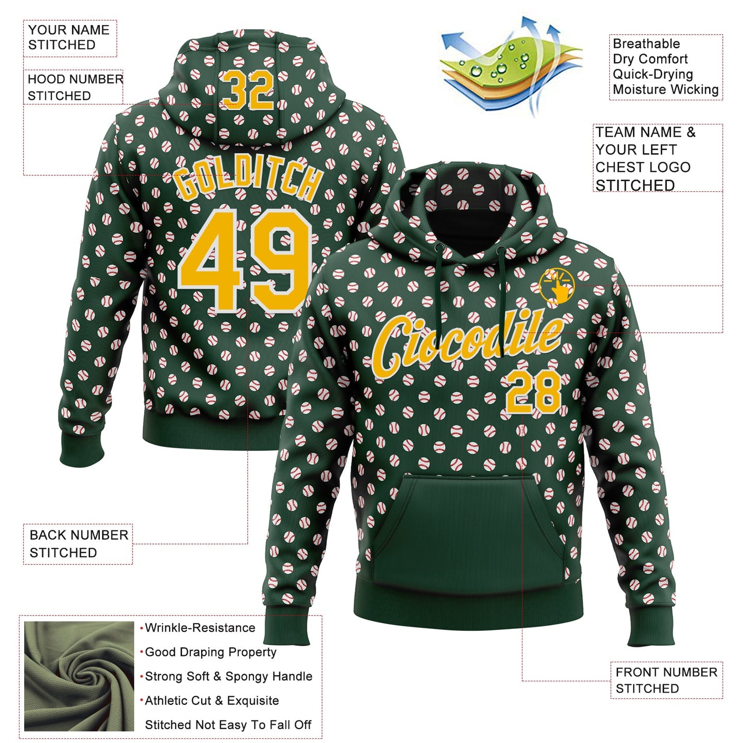 Custom Stitched Green Gold-White Baseball Game Day Green Bay Inspired Sports Pullover Sweatshirt Hoodie view 4