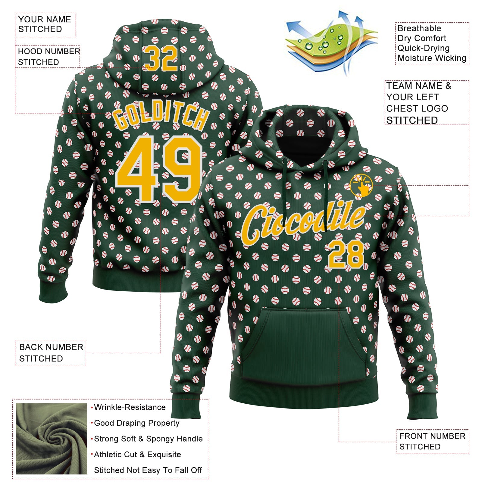 Custom Stitched Green Gold-White Baseball Game Day Green Bay Inspired Sports Pullover Sweatshirt Hoodie view 4
