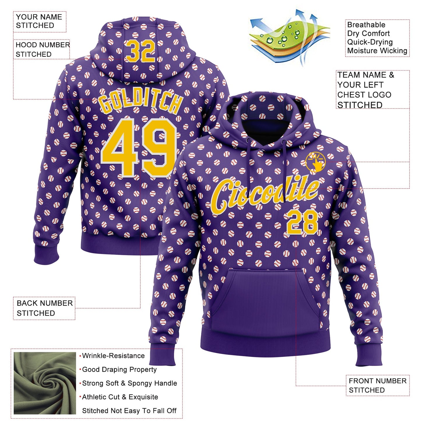 Custom Stitched Purple Yellow-White Baseball Game Day Minnesota Inspired Sports Pullover Sweatshirt Hoodie view 4