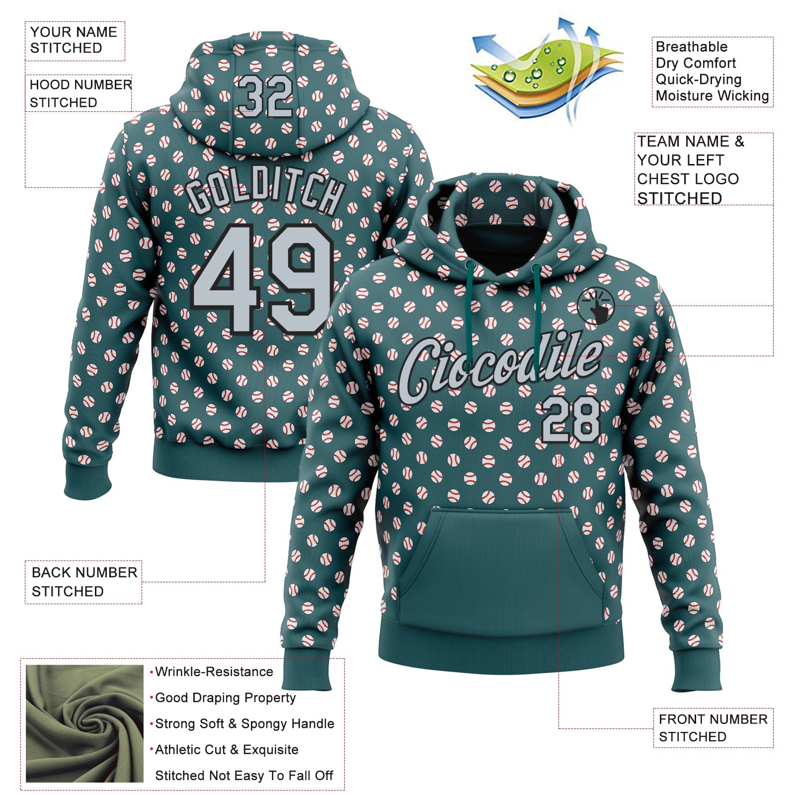 Custom Stitched Midnight Green Silver-Black Baseball Game Day Philadelphia Inspired Sports Pullover Sweatshirt Hoodie view 4