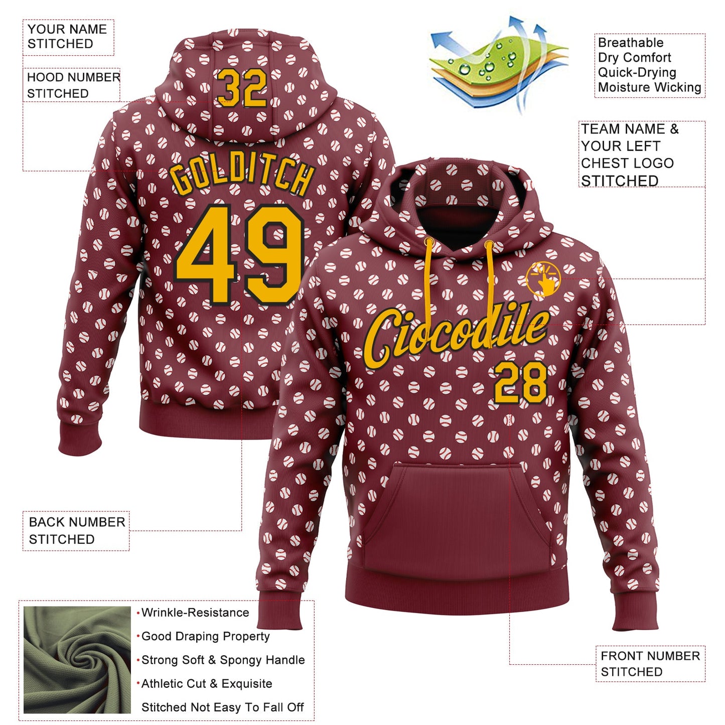 Custom Stitched Burgundy Gold-Black Baseball Game Day Washington Inspired Sports Pullover Sweatshirt Hoodie view 4