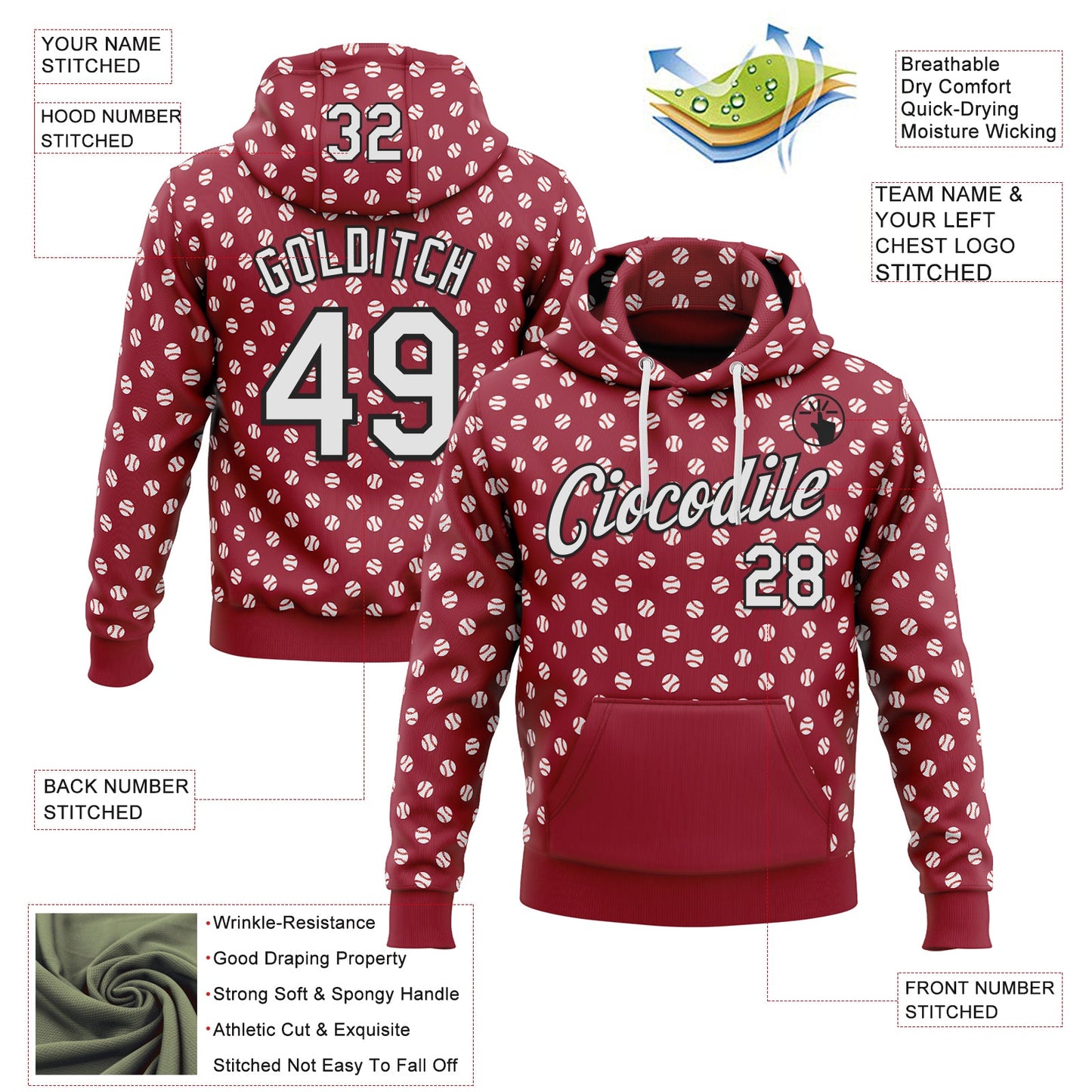 Custom Stitched Cardinal White-Black Baseball Game Day Arizona Inspired Sports Pullover Sweatshirt Hoodie view 4