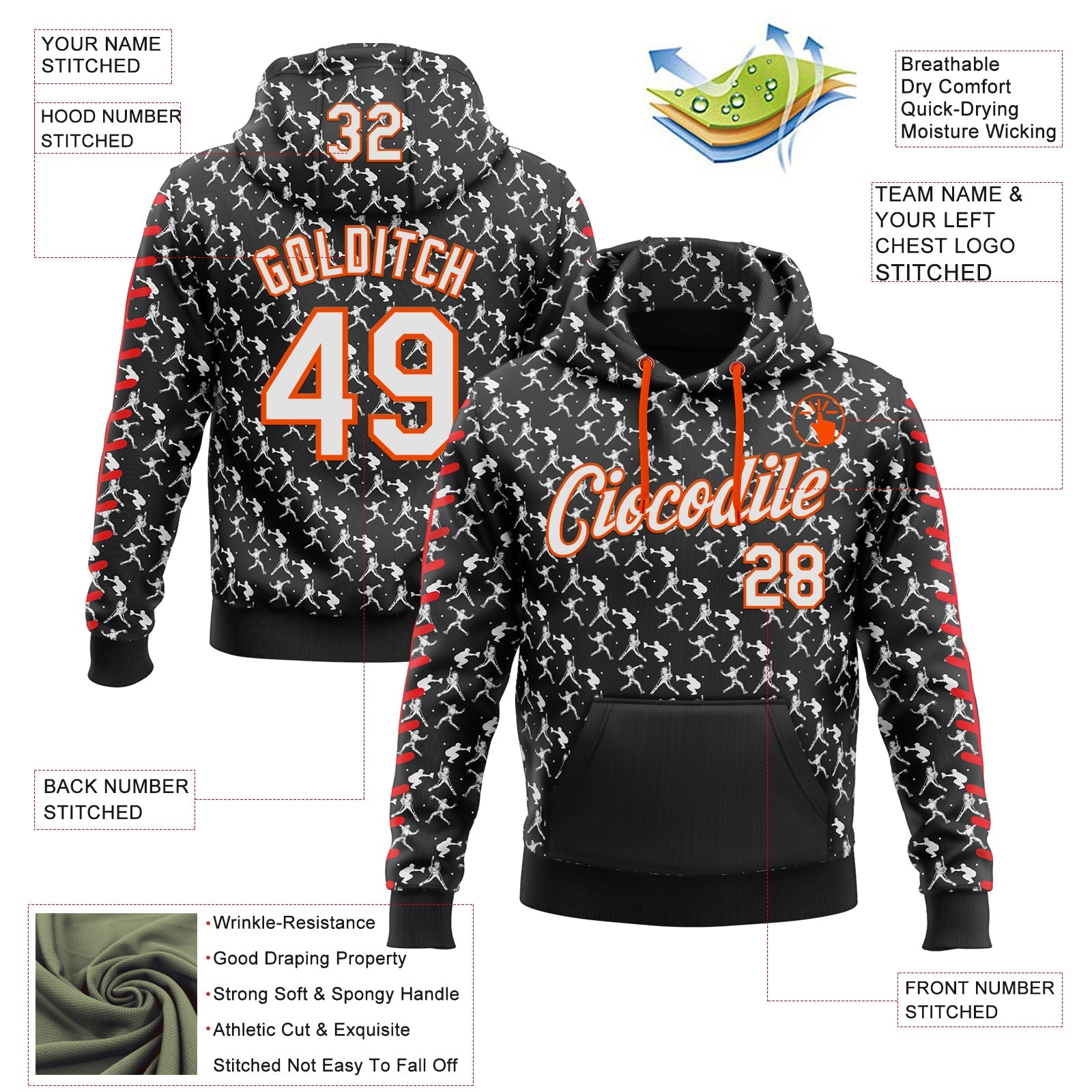 Custom Stitched Black White Orange-Red Baseball Game Day Cincinnati Inspired Sports Pullover Sweatshirt Hoodie view 4