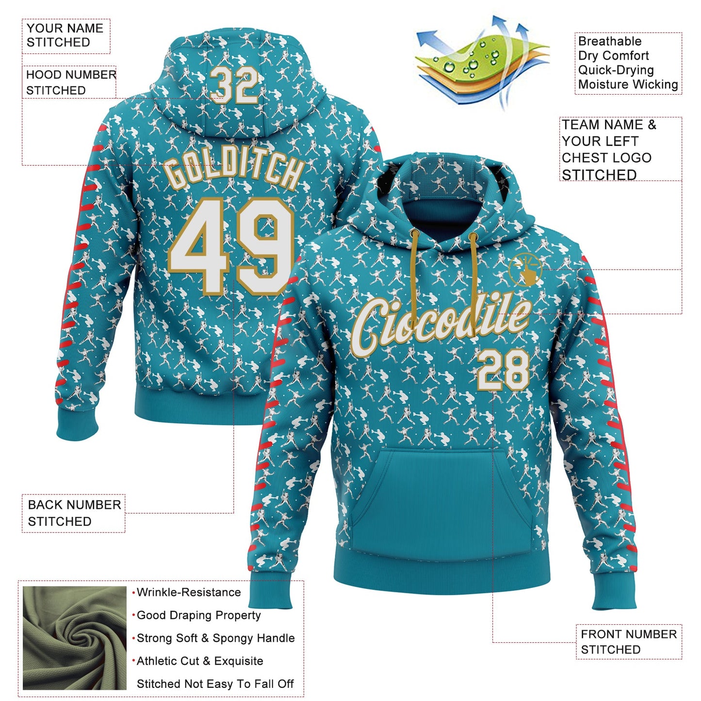 Custom Stitched Teal White Red-Old Gold Baseball Game Day Jacksonville Inspired Sports Pullover Sweatshirt Hoodie view 4