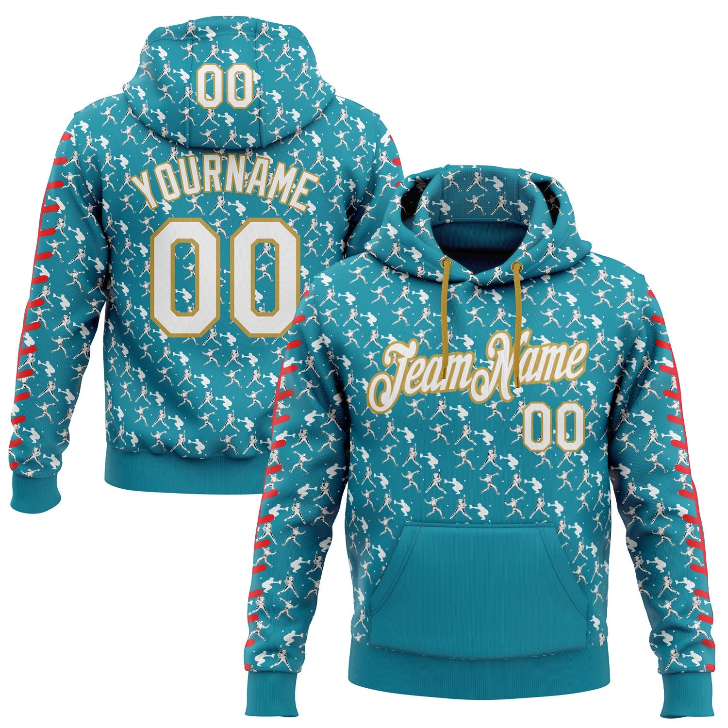 Custom Stitched Teal White Red-Old Gold Baseball Game Day Jacksonville Inspired Sports Pullover Sweatshirt Hoodie - Main View
