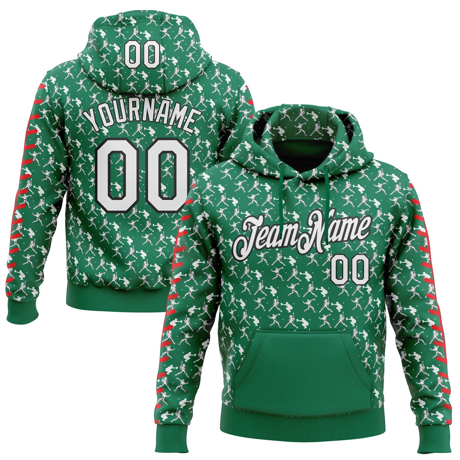 Custom Stitched Kelly Green White Red-Black Baseball Game Day New York Inspired Sports Pullover Sweatshirt Hoodie - Main View