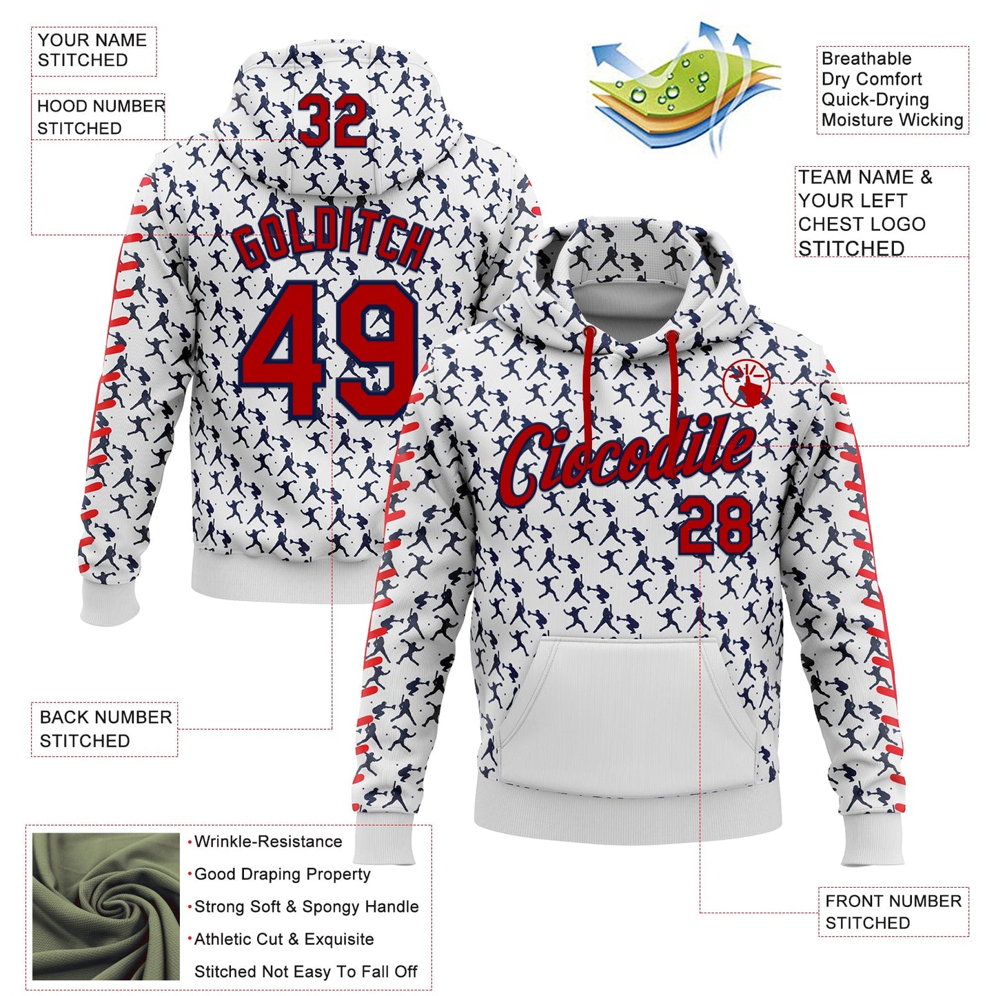 Custom Stitched White Red-Navy Baseball Game Day Houston Inspired Sports Pullover Sweatshirt Hoodie view 4