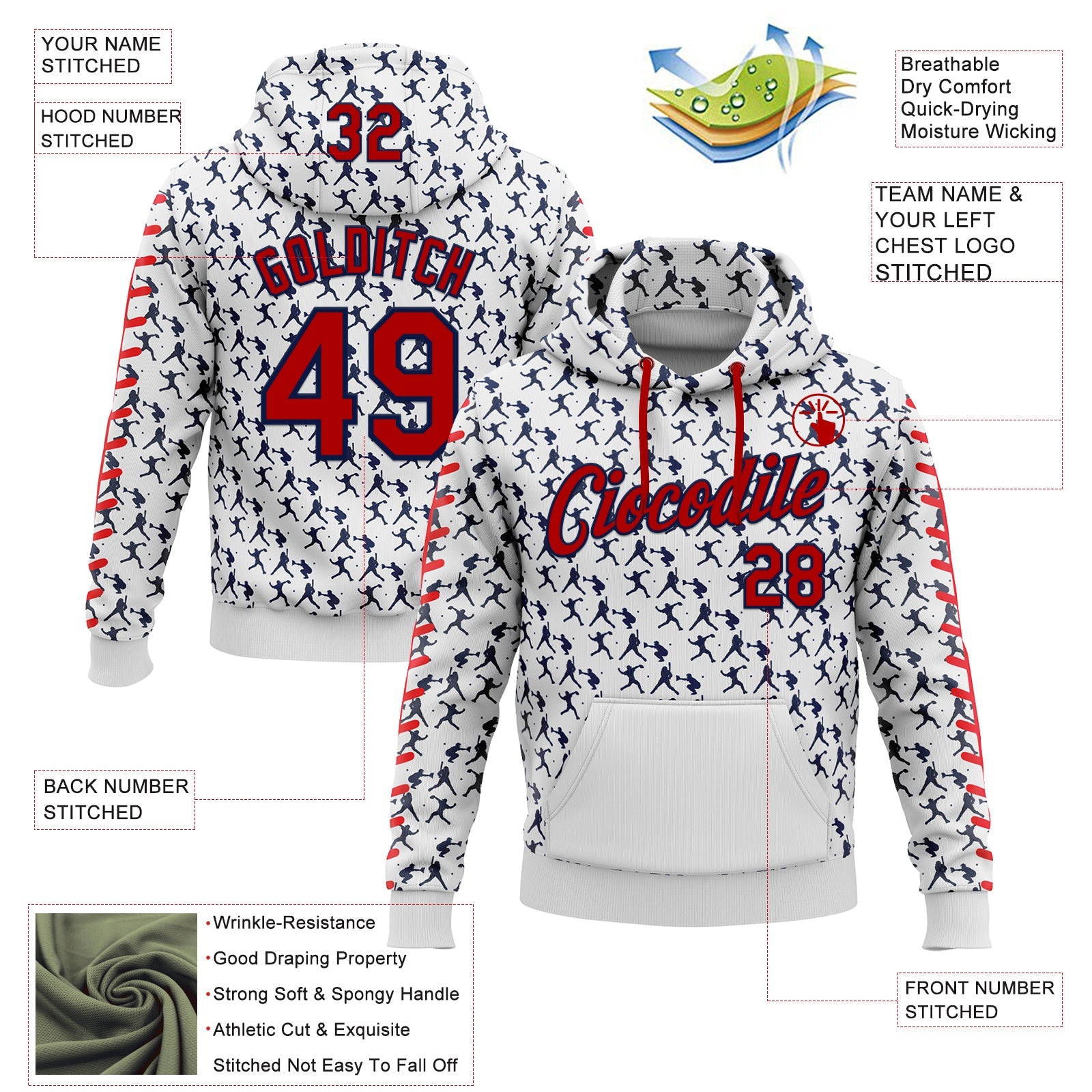 Custom Stitched White Red-Navy Baseball Game Day Houston Inspired Sports Pullover Sweatshirt Hoodie view 4