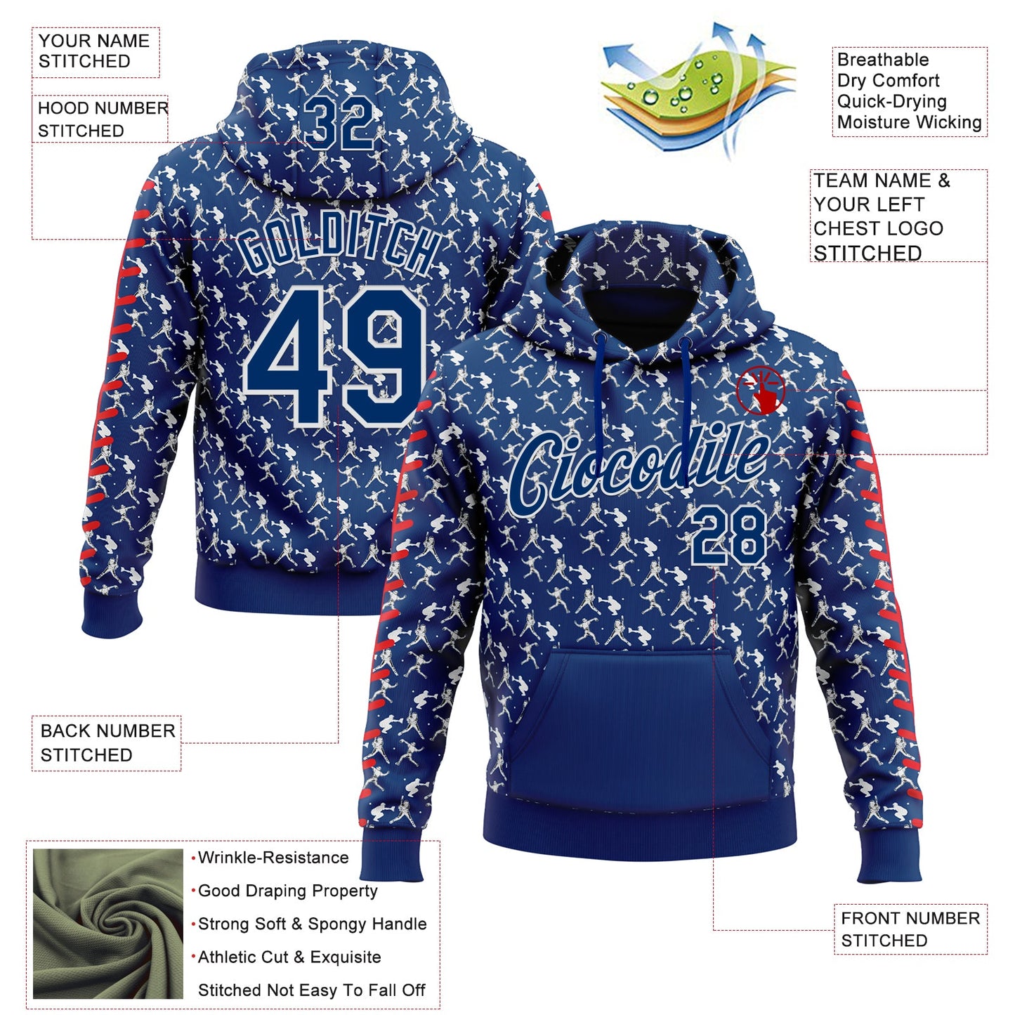 Custom Stitched US Navy Blue Red-White Baseball Game Day Indianapolis Inspired Sports Pullover Sweatshirt Hoodie view 4