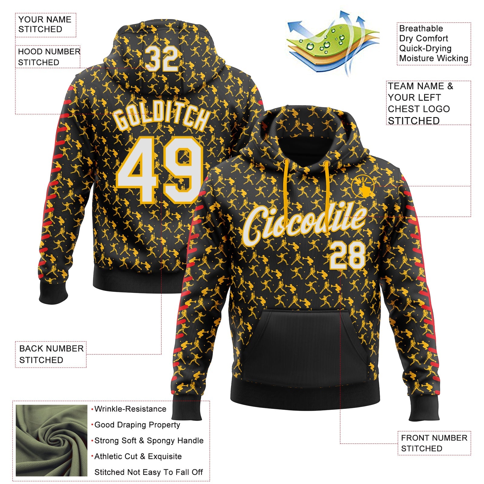 Custom Stitched Black White Gold-Red Baseball Game Day Pittsburgh Inspired Sports Pullover Sweatshirt Hoodie view 4