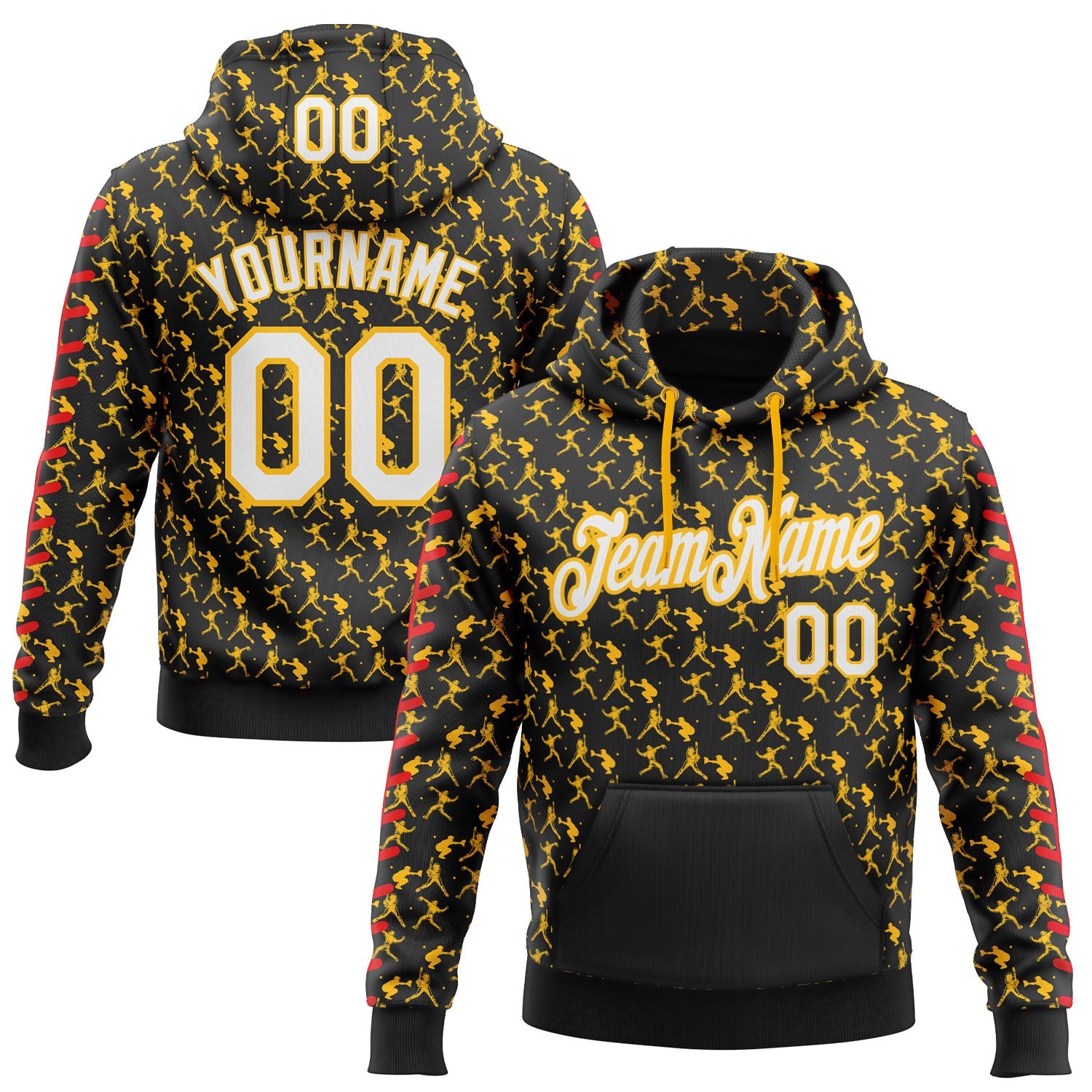Custom Stitched Black White Gold-Red Baseball Game Day Pittsburgh Inspired Sports Pullover Sweatshirt Hoodie - Main View